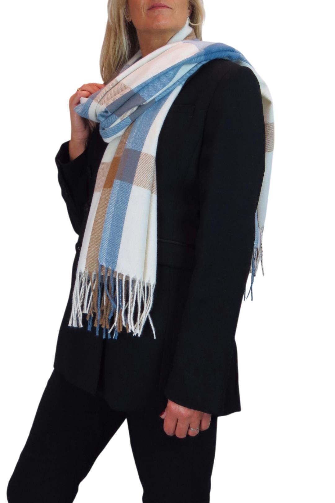 Paulo Due Blue Wool Pashmina Shawl Oversized Plaid Wrap Scarf
