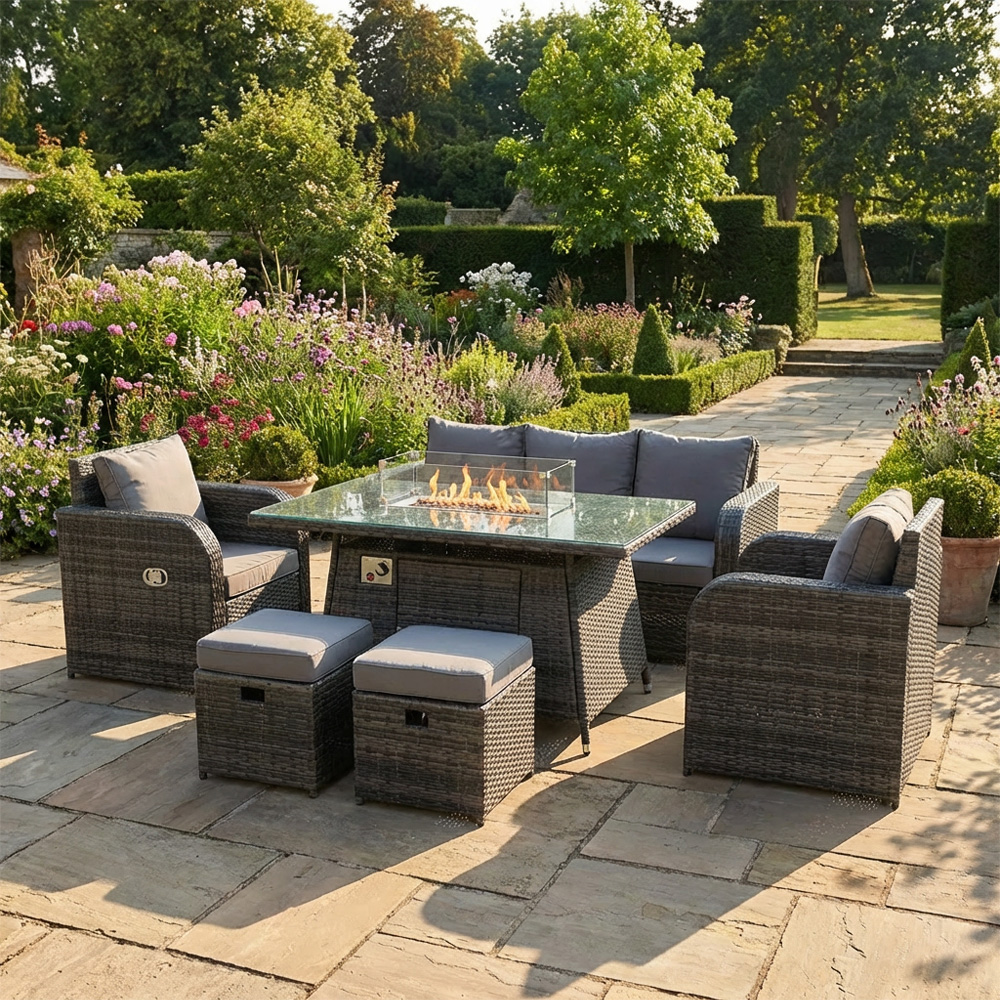 Rackhams Dark/Grey 7 Seater Rattan Outdoor Furniture Set With Gas Fire Pit Table, 2 Reclining Chairs, Lounge Sofa, 2 Footstools