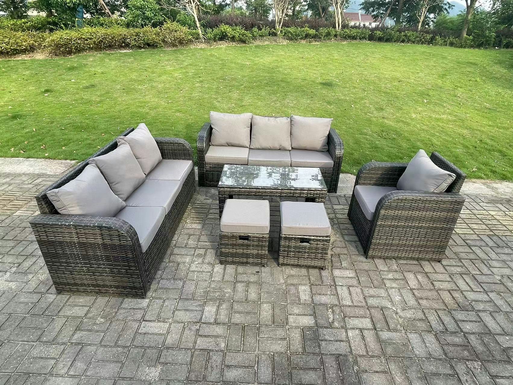 Fimous Dark/Grey 9 Seater Pe Wicker Rattan Garden Furniture Set Reclining Chair Lounge 3 Seater Sofa Set Outdoor Rectangular Coffee Table Stools