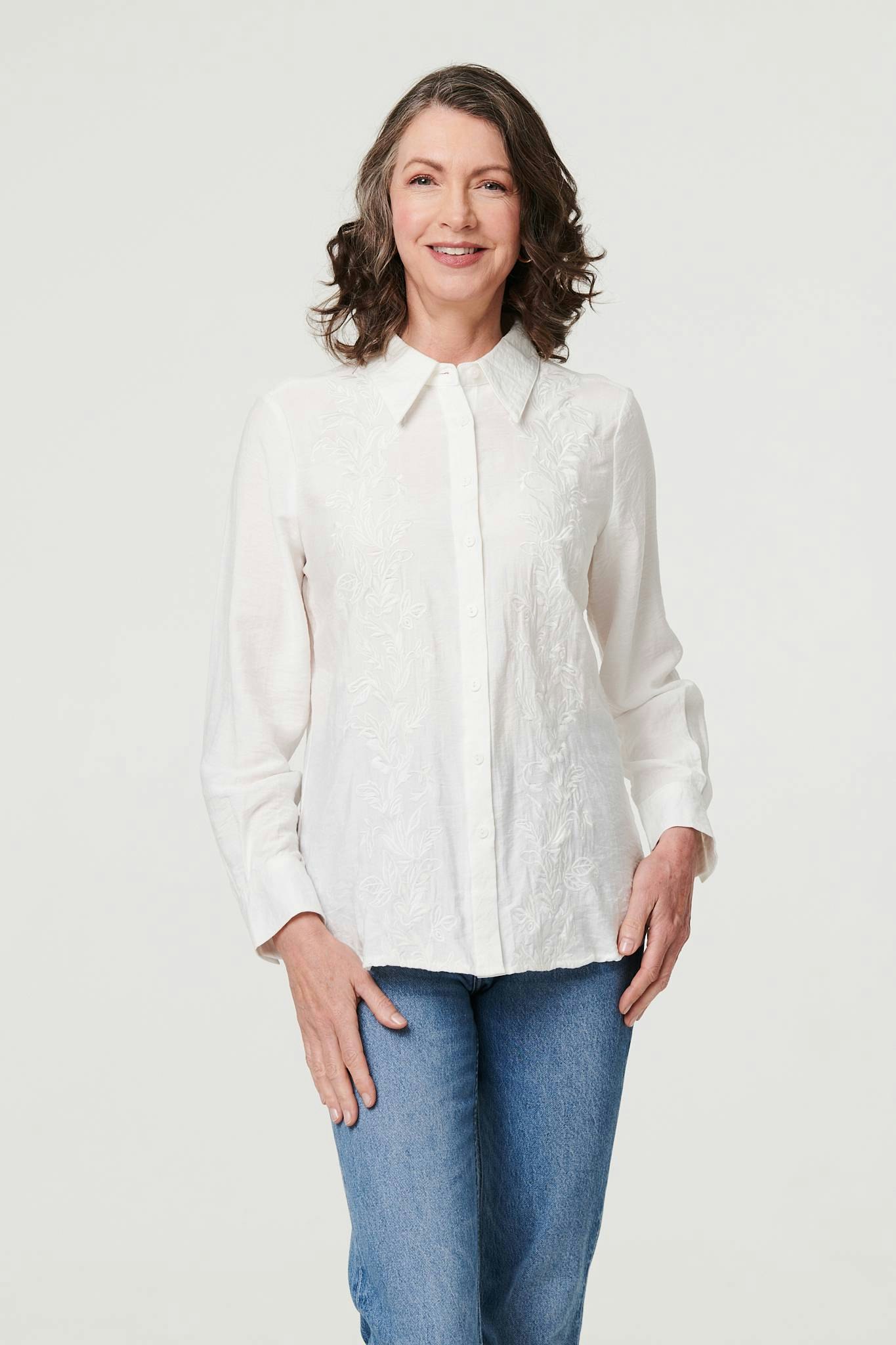 Izabel London White Floral Embroidered Long Sleeve Shirt - 16
