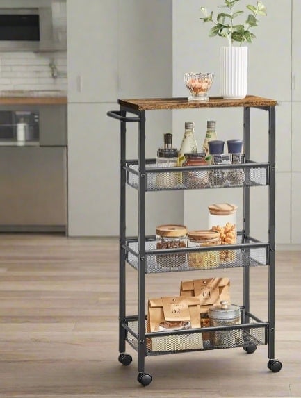 Modcraft Brown/Black Slim 4-Shelf Rolling Trolley, Space-Saving Kitchen Cart With Wheels, Rustic And
