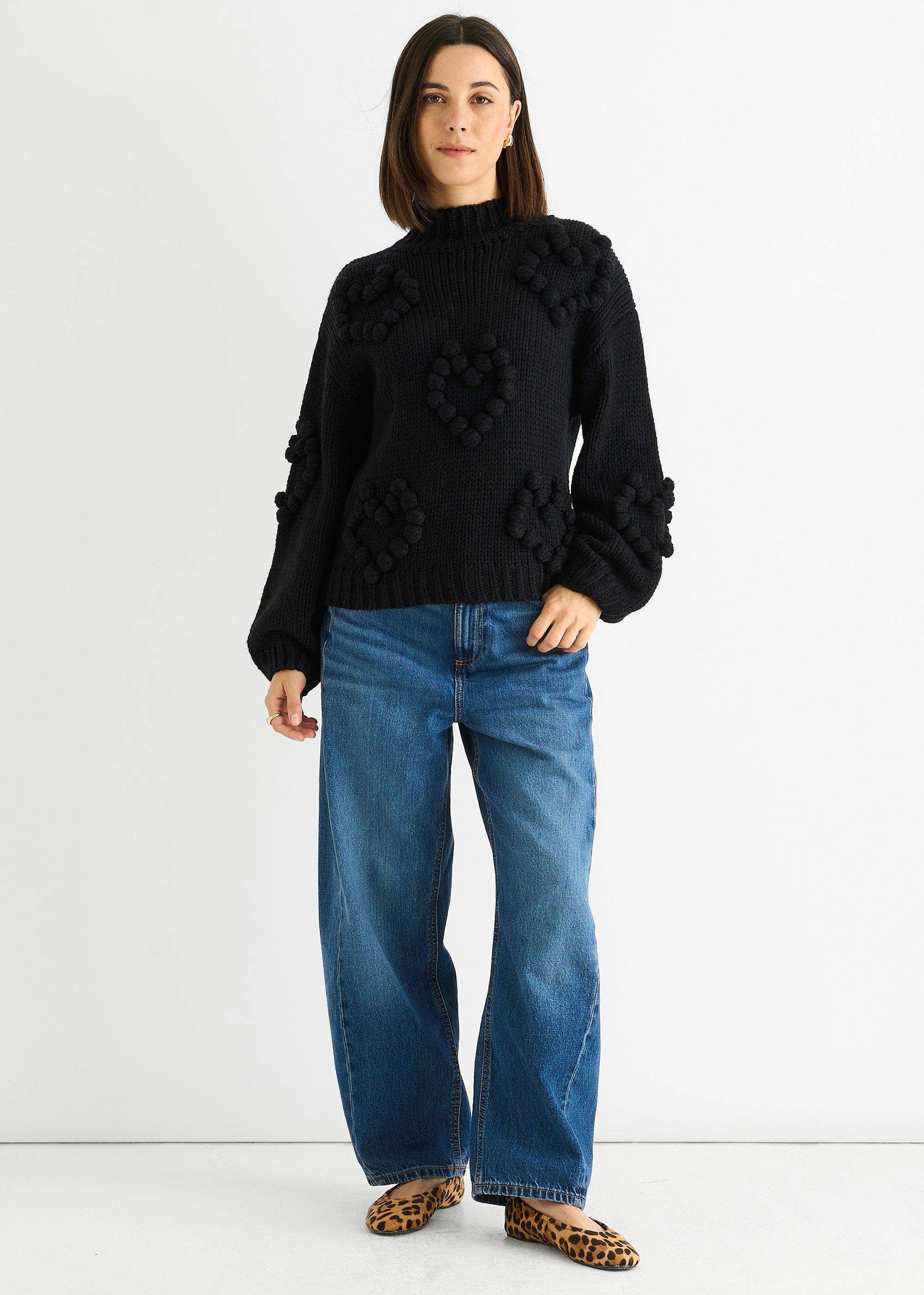Gini London Black Heart Bubble Chunky Knit High Neck Jumper - L-Xl (Uk 14-16/Us 10-12/Eu 42-44)