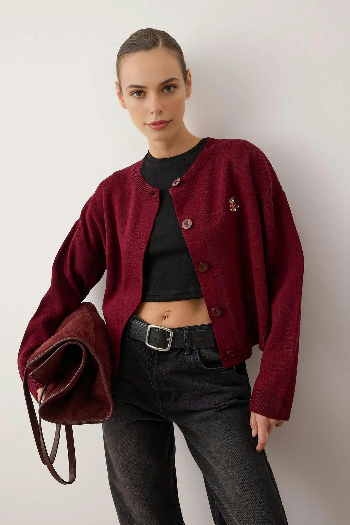 Wovcor Burgundy Crew Neck Knit Cardigan With Teddy Bear Embroidery - M