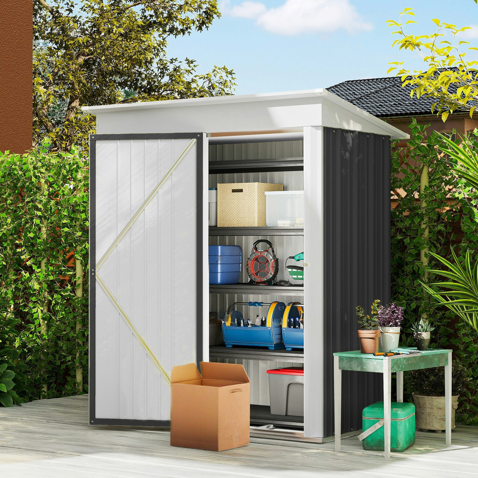 Rackhams Dark/Grey Steel Garden Shed, Small Lean-To Shed For Bike, 5X3 Ft,