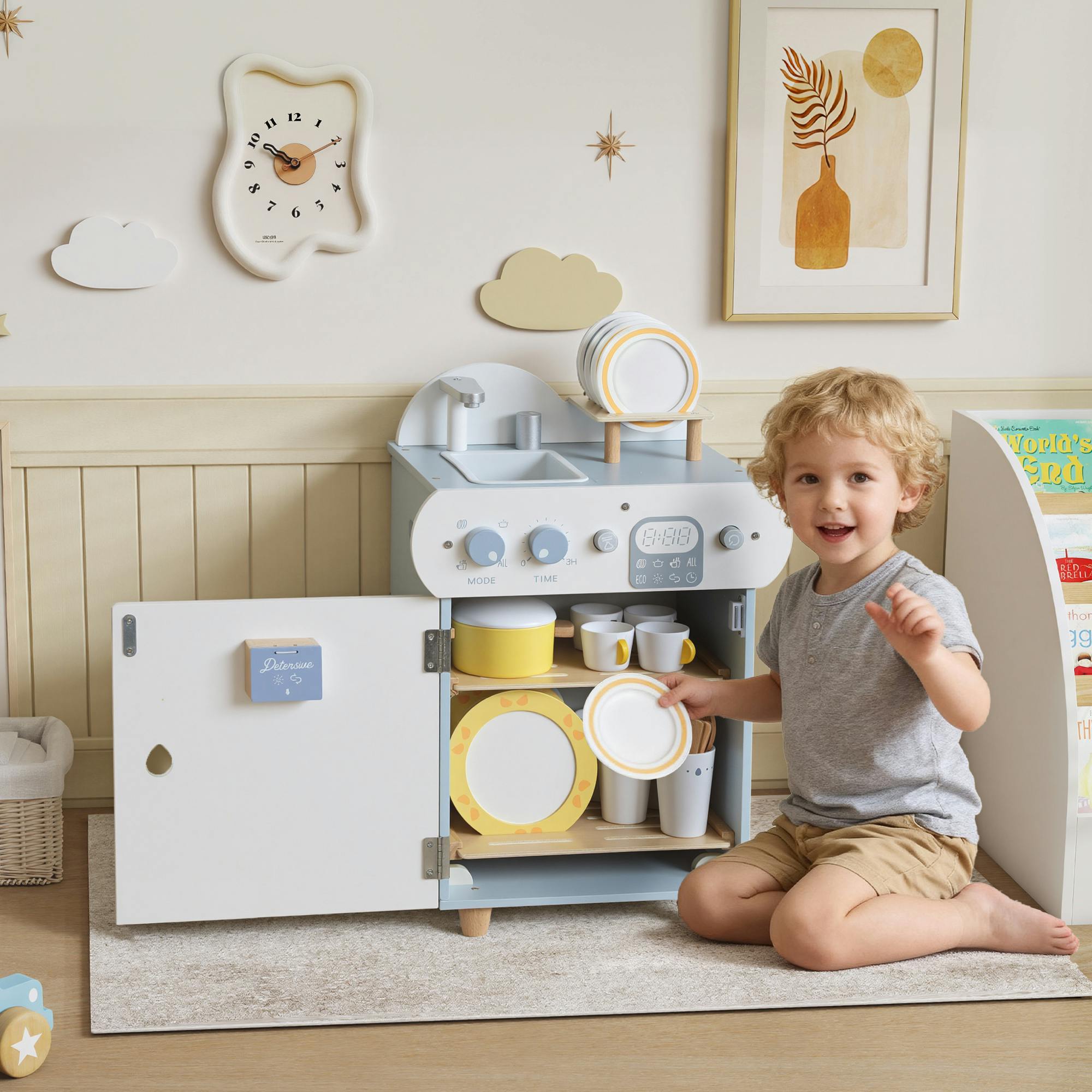 Aiyaplay Wooden Dishwasher Playset, Kitchen Sink Toys With Accessories