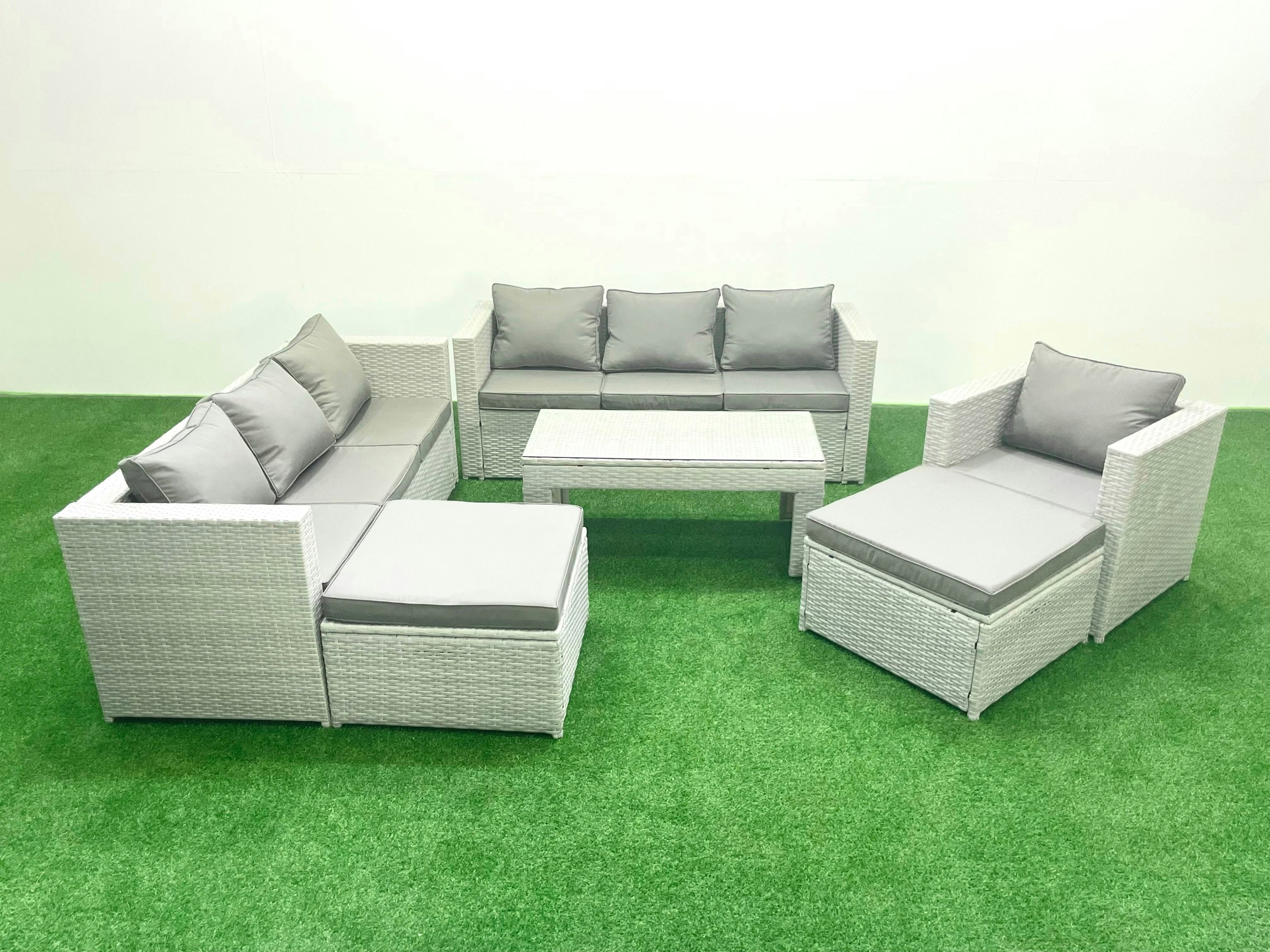 Rackhams Light/Grey Wicker Pe Rattan Sofa Garden Furniture Set With Oblong Coffee Table Armchair 2 Big Footstools Mixed
