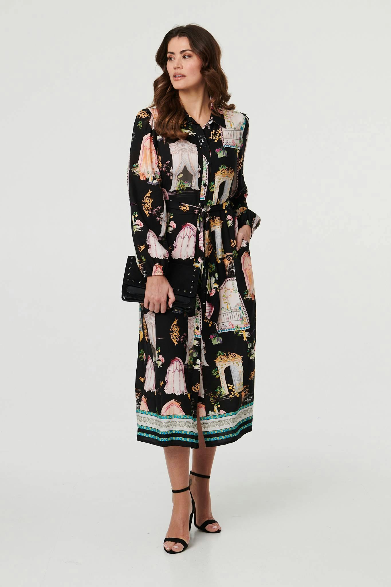 Izabel London Black Abstract Long Sleeve Shirt Midi Dress - 10