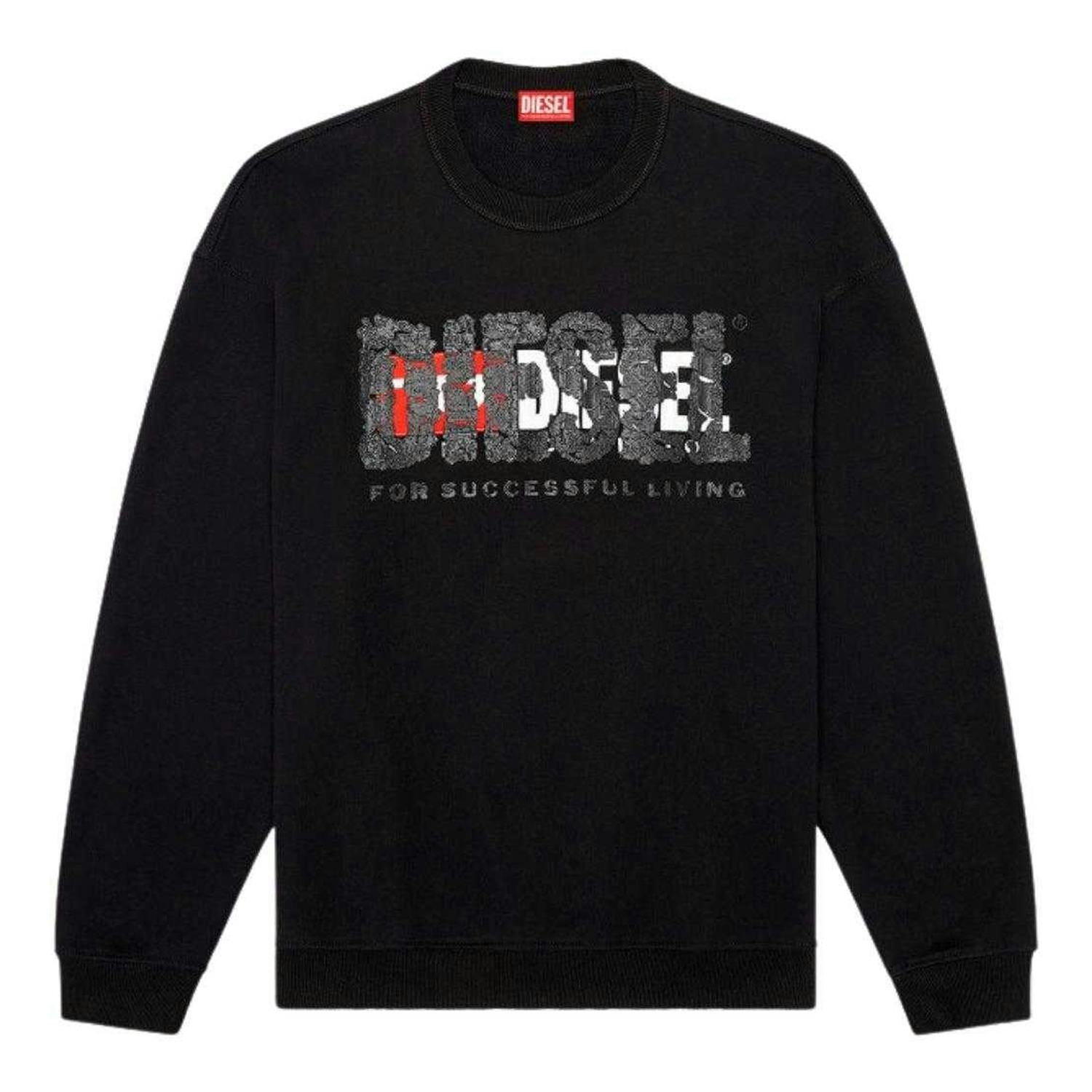Diesel Men's Black Double Destroyed Logo Sweatshirt - Xs - 100% Cotton