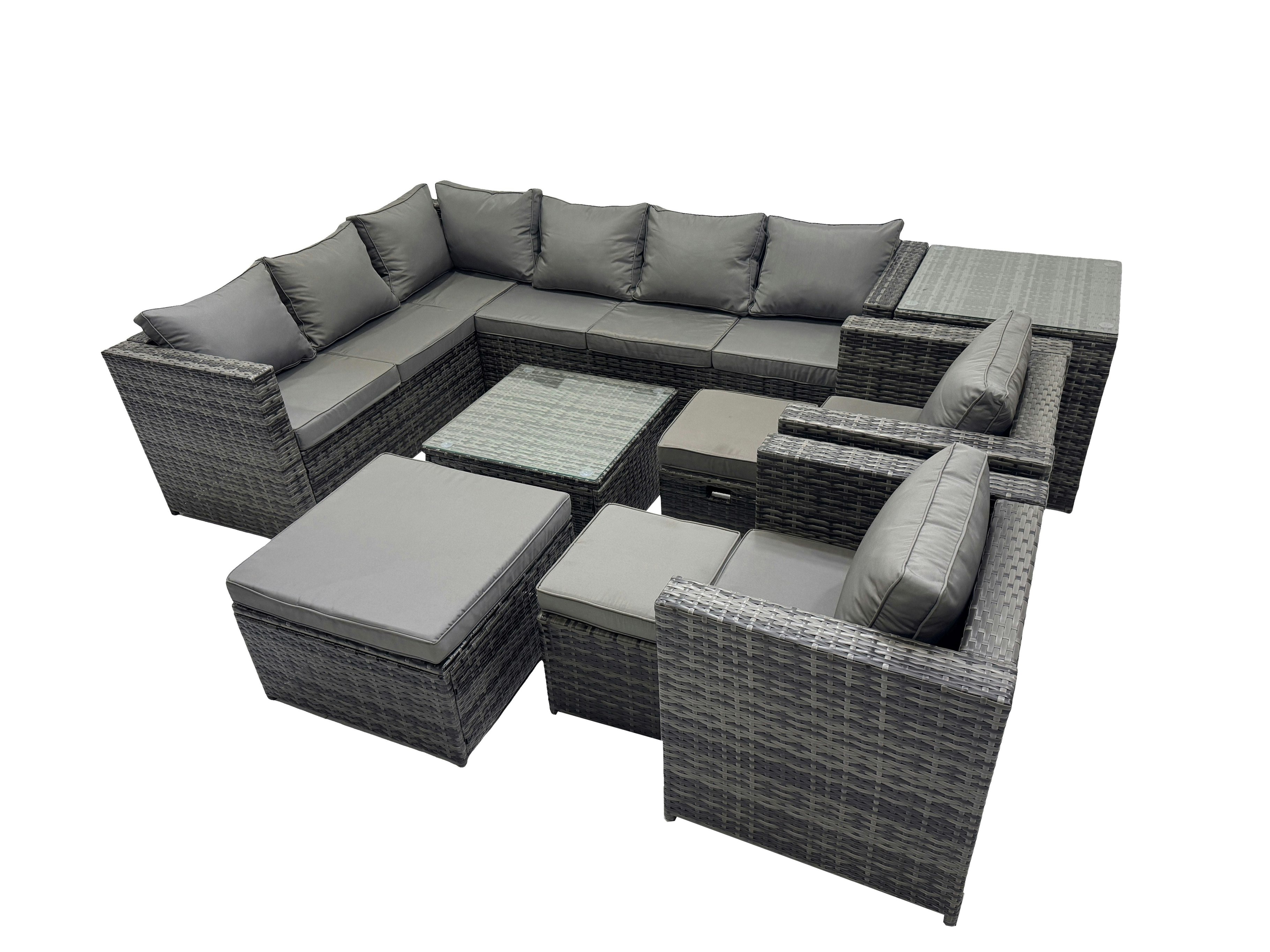 Rackhams Dark/Grey Rattan Garden Furniture Patio Furniture Sets With Corner Sofa Square Coffee Table 3 Footstools Side Table Mixed