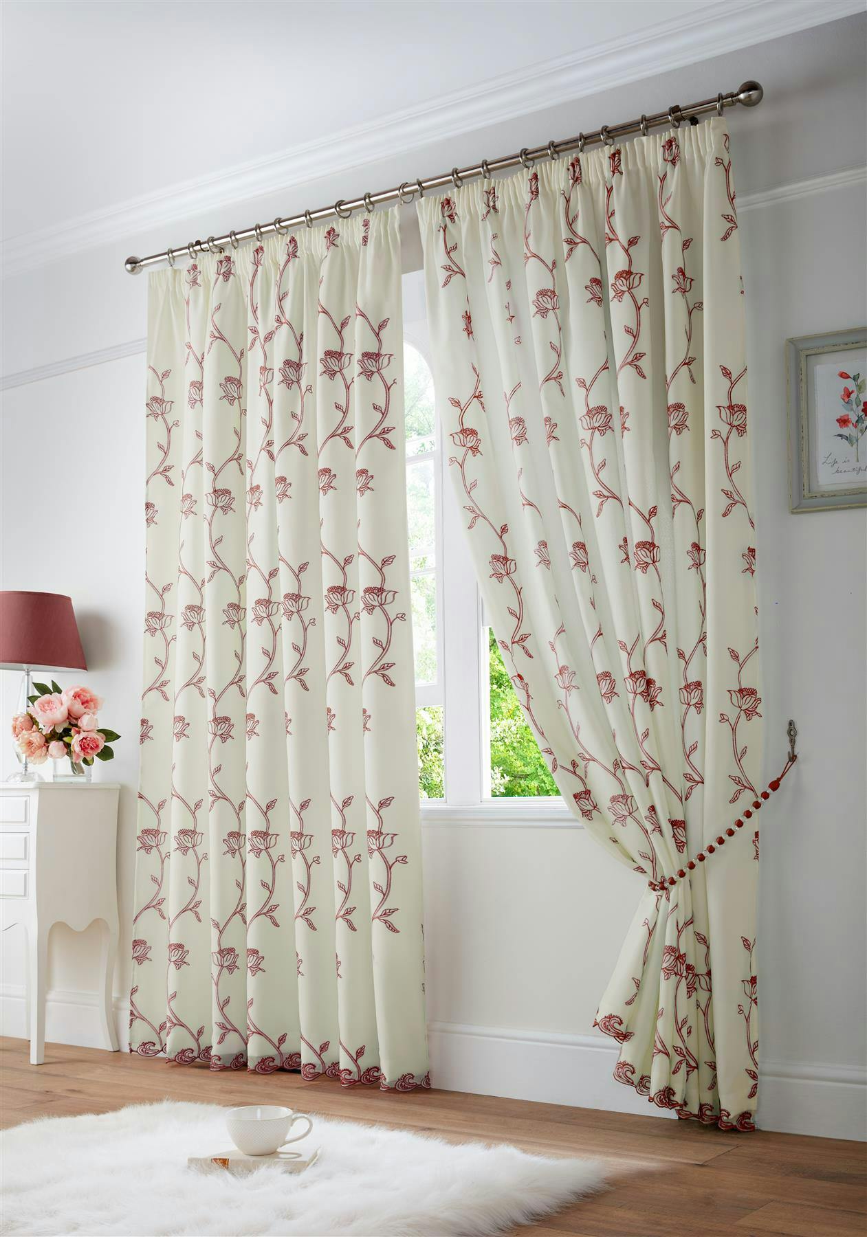 Rackhams Red Exe Embroidery Voile Curtains - 229Cm Width X 229Cm Drop