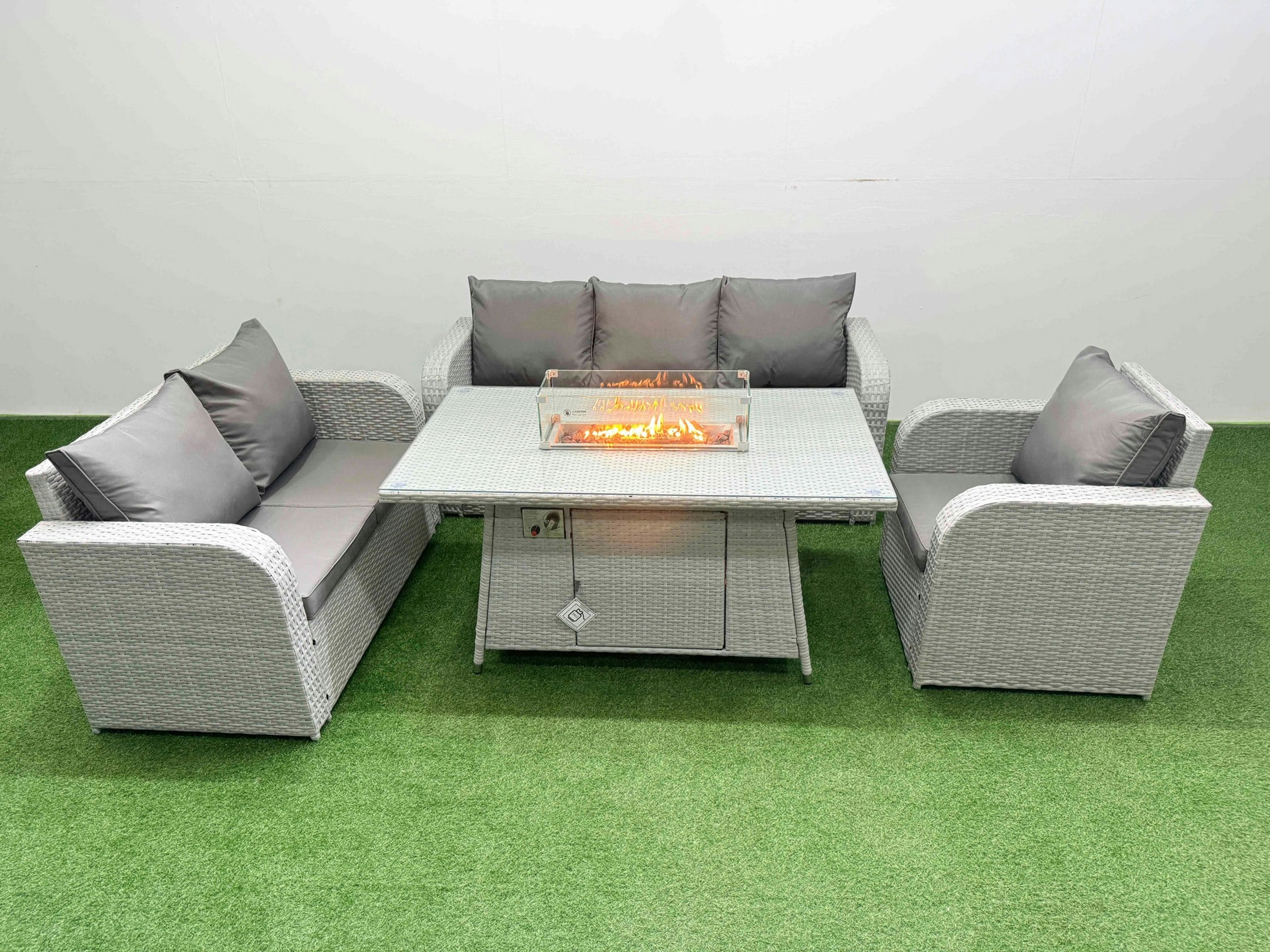 Rackhams Light/Grey Patio Pe Wicker 6 Seater Outdoor Rattan Furniture Sofa Sets With Fire Pit Dining Table Reclining Chair Loveseat Sofa 3 Seater Sofa