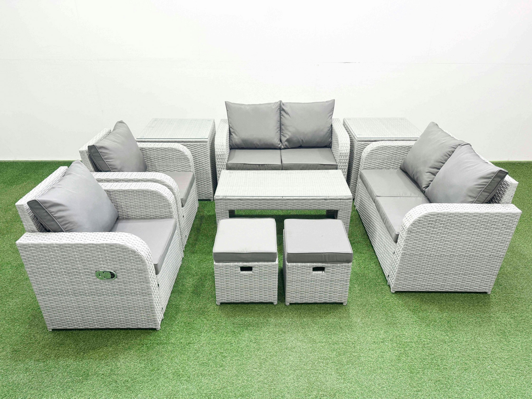 Rackhams Light/Grey 8 Seater Outdoor Reclining Chair Love Sofa Set Rattan Garden Furniture Set With Oblong Coffee Table 2 Stools 2 Side Table
