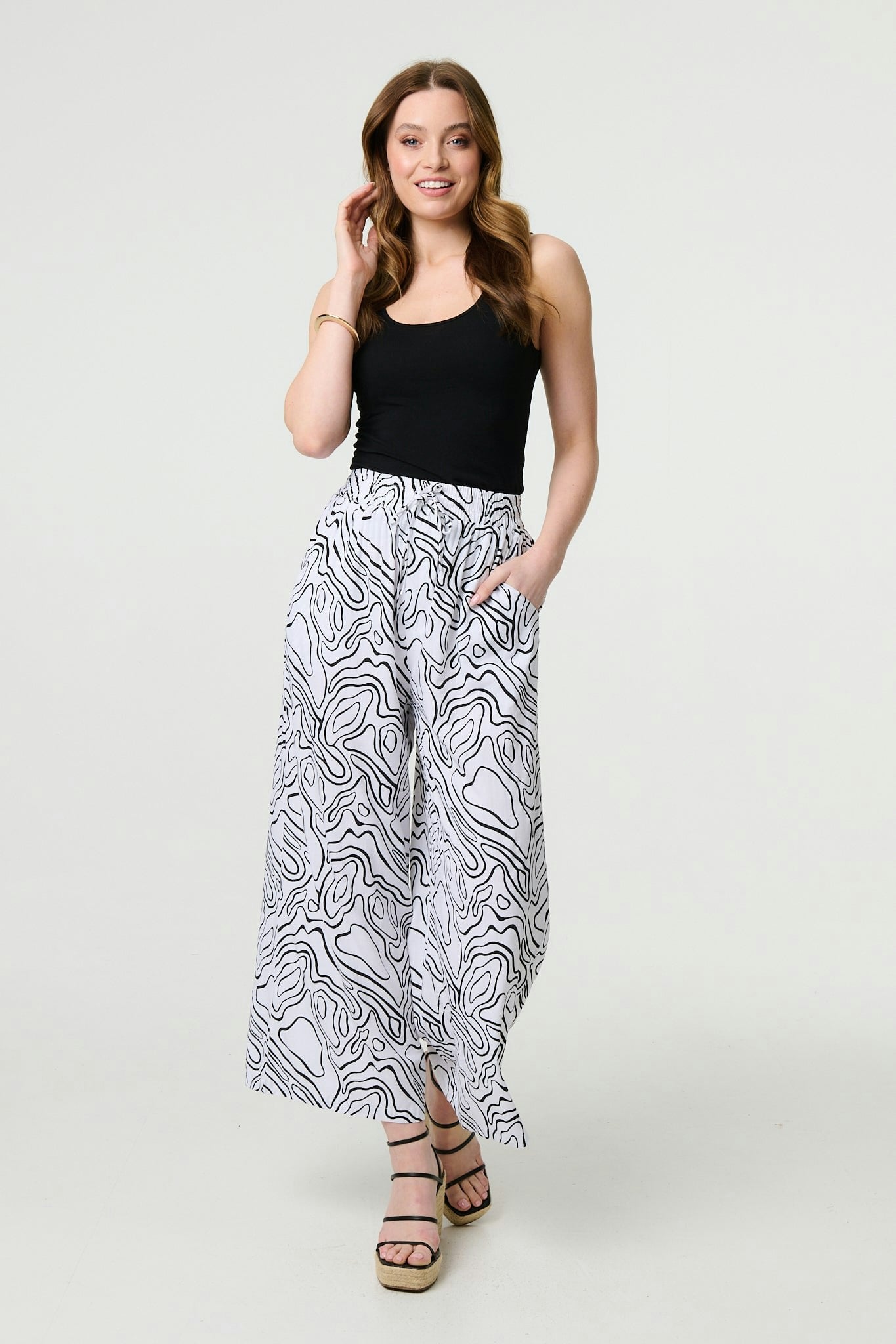 Izabel London White Abstract Print High Waist Wide Leg Trousers - 14