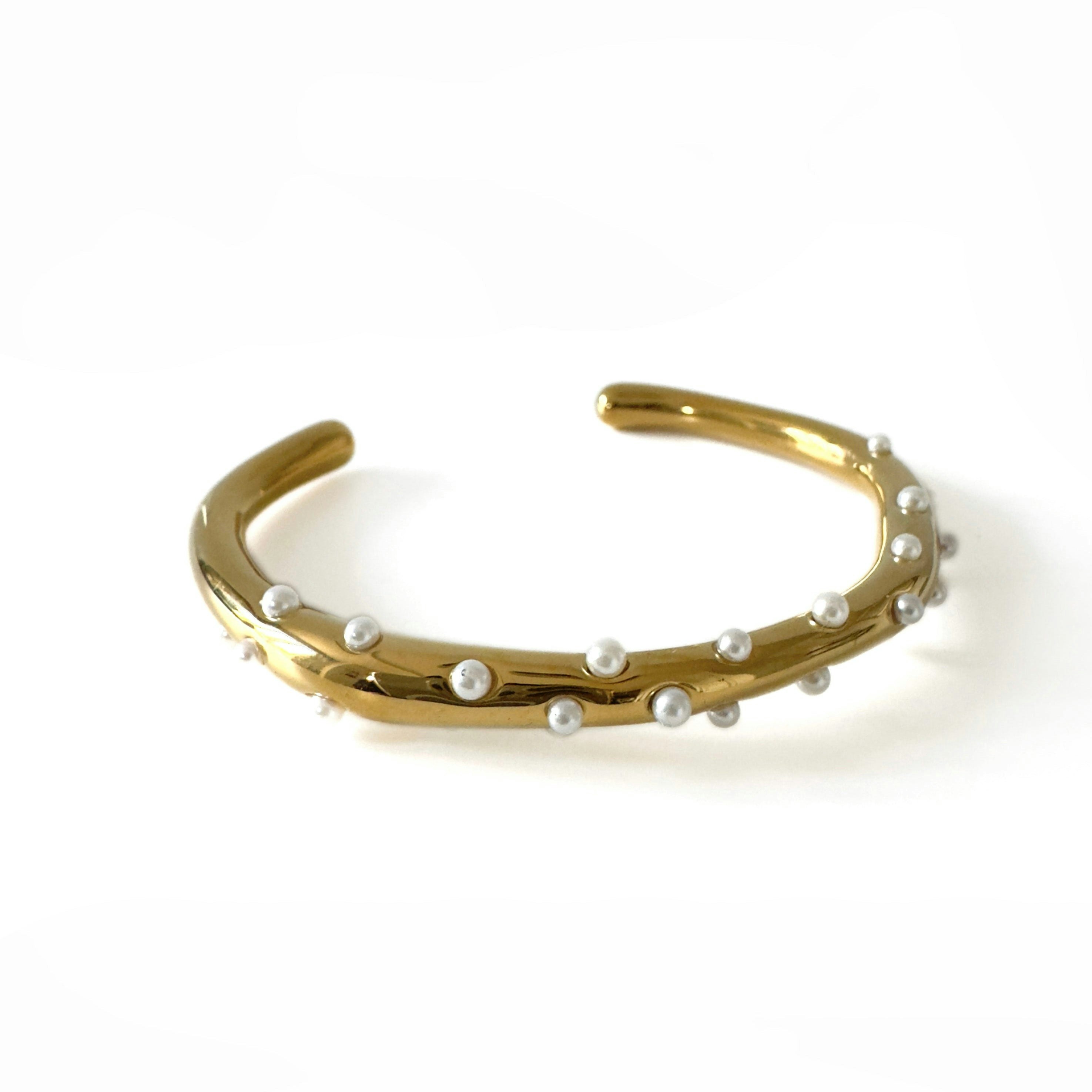 Luxe Tones Gold Neeva Luxe 18Ct Plated Open Bangle With Mini Pearls