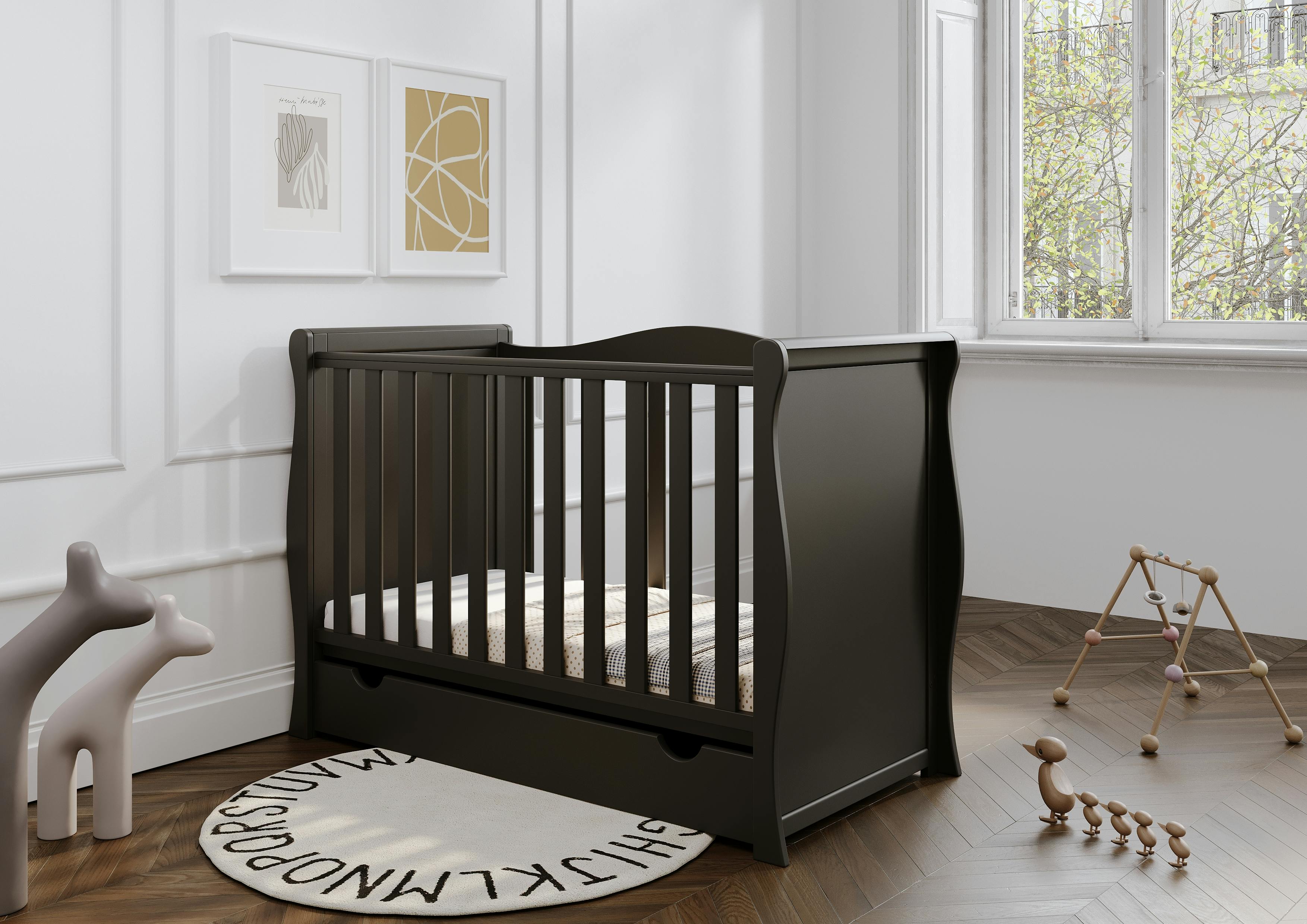 Viculii Black Willow Sleigh Mini Cot Bed With Drawer And Mattress - Pine Wood