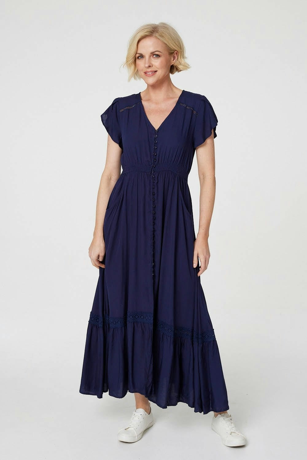 Izabel London Button Front Maxi Dress With Pockets - Khaki - 10