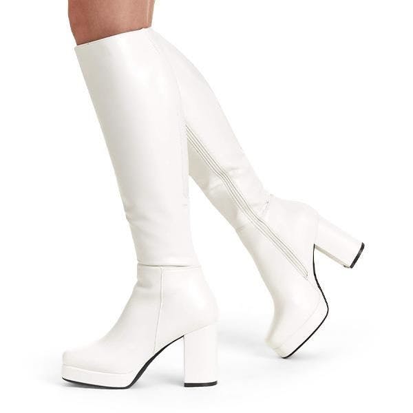Lamoda White Humble Knee High Platform Boots Chunky Block Heel Vegan - Uk7