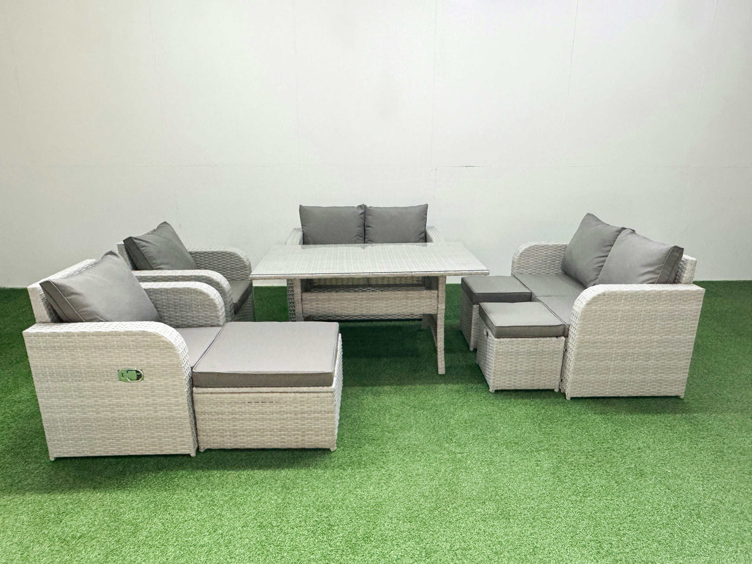 Rackhams Light/Grey Seater Outdoor Reclining Chair Love Sofa Set Rattan Garden Furniture Set With Rectangular Dining Table 3 Stools Size 9