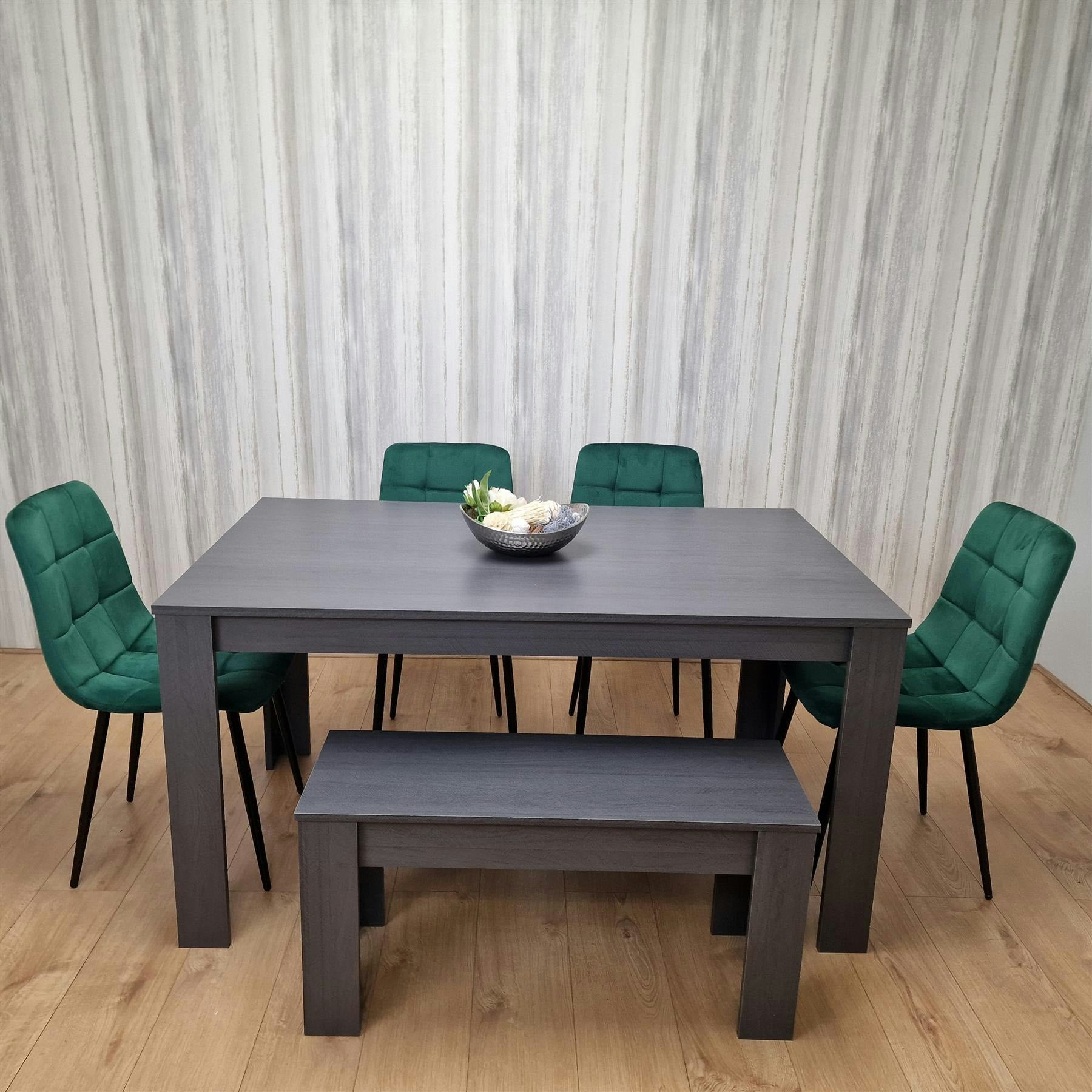 KOSY KOALA Grey Dining Table & 4 Green Velvet Tufted Chairs with 1 Bench in Dark Grey - Image 6