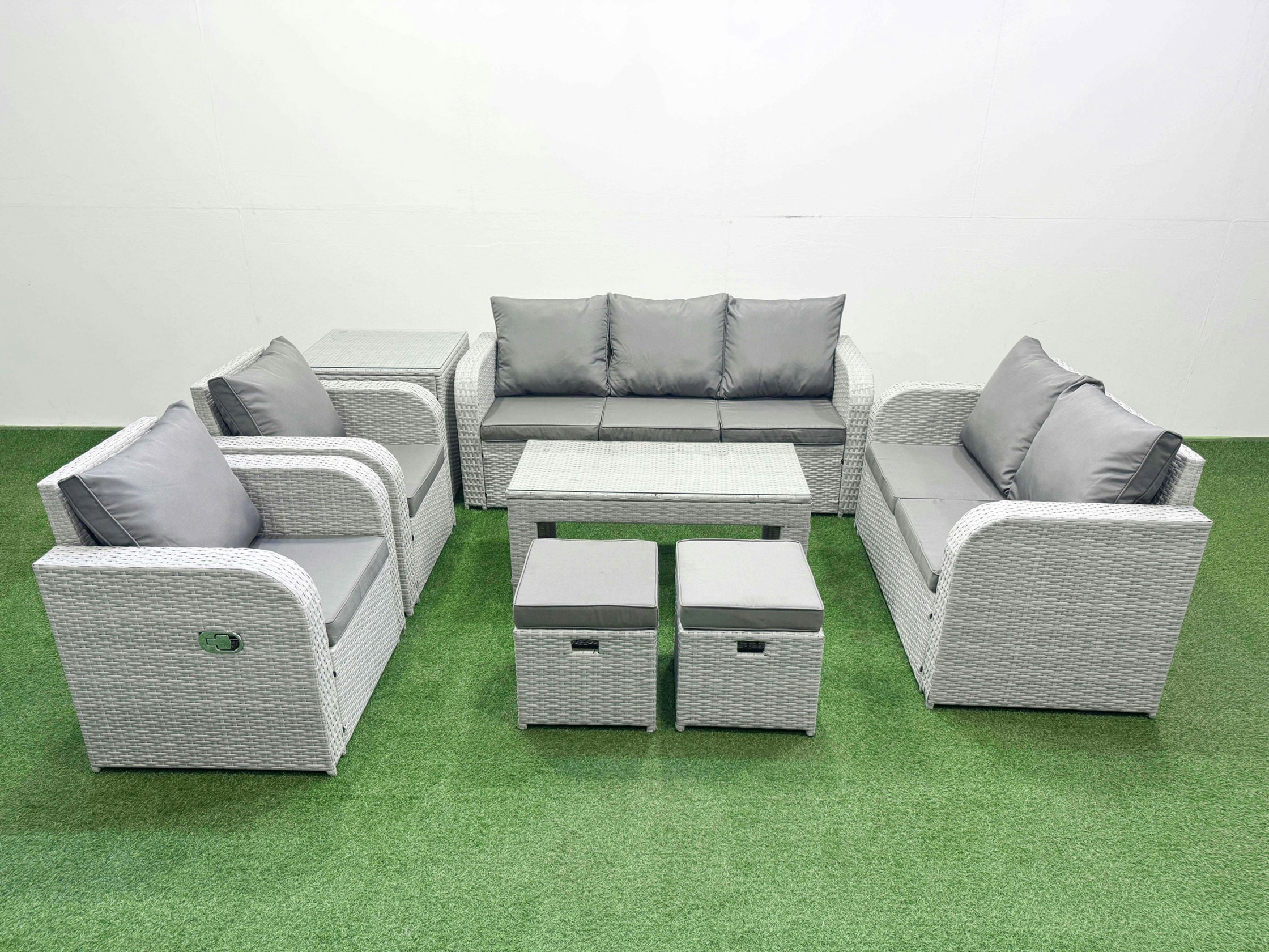 Fimous Light/Grey Pe Rattan Outdoor Lounge Set - Adjustable Chair, Double Loveseat, Rectangular Coffee Table, 2 Stools & Side Table
