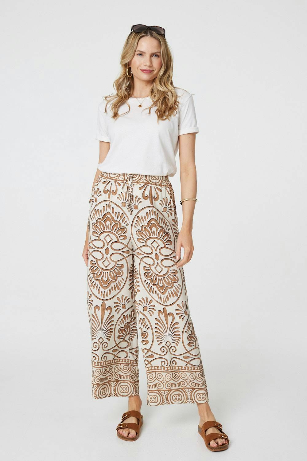 Izabel London Beige Printed High Waist Wide Leg Trousers - 10