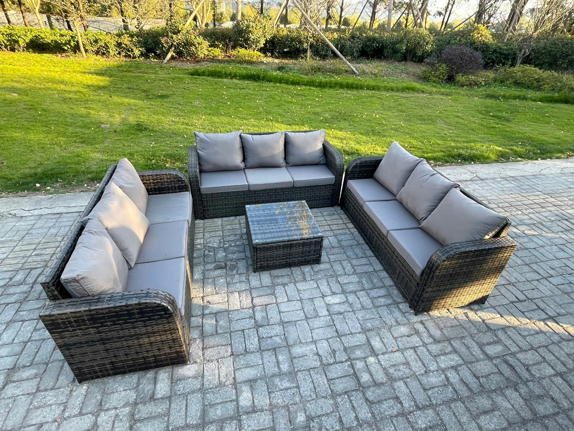 Fimous Patio Garden Furniture Sets Wicker 9 Seater Outdoor Rattan Furniture Sofa Sets With Square Coffee Table