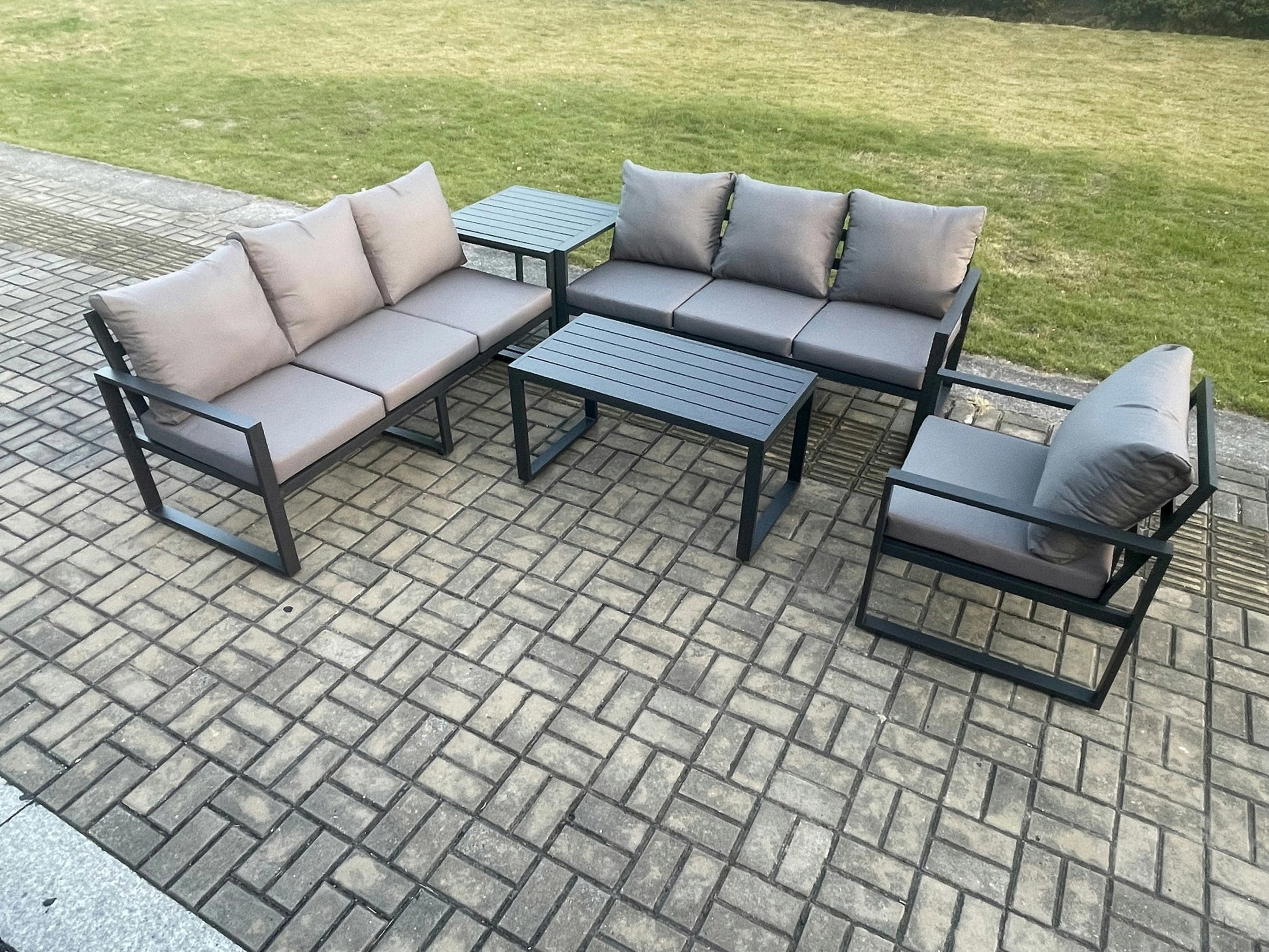 Rackhams Dark/Grey Aluminium 7 Seater Garden Furniture Outdoor Patio Sofa Set With Rectangular Coffee Table Armchair Side Table