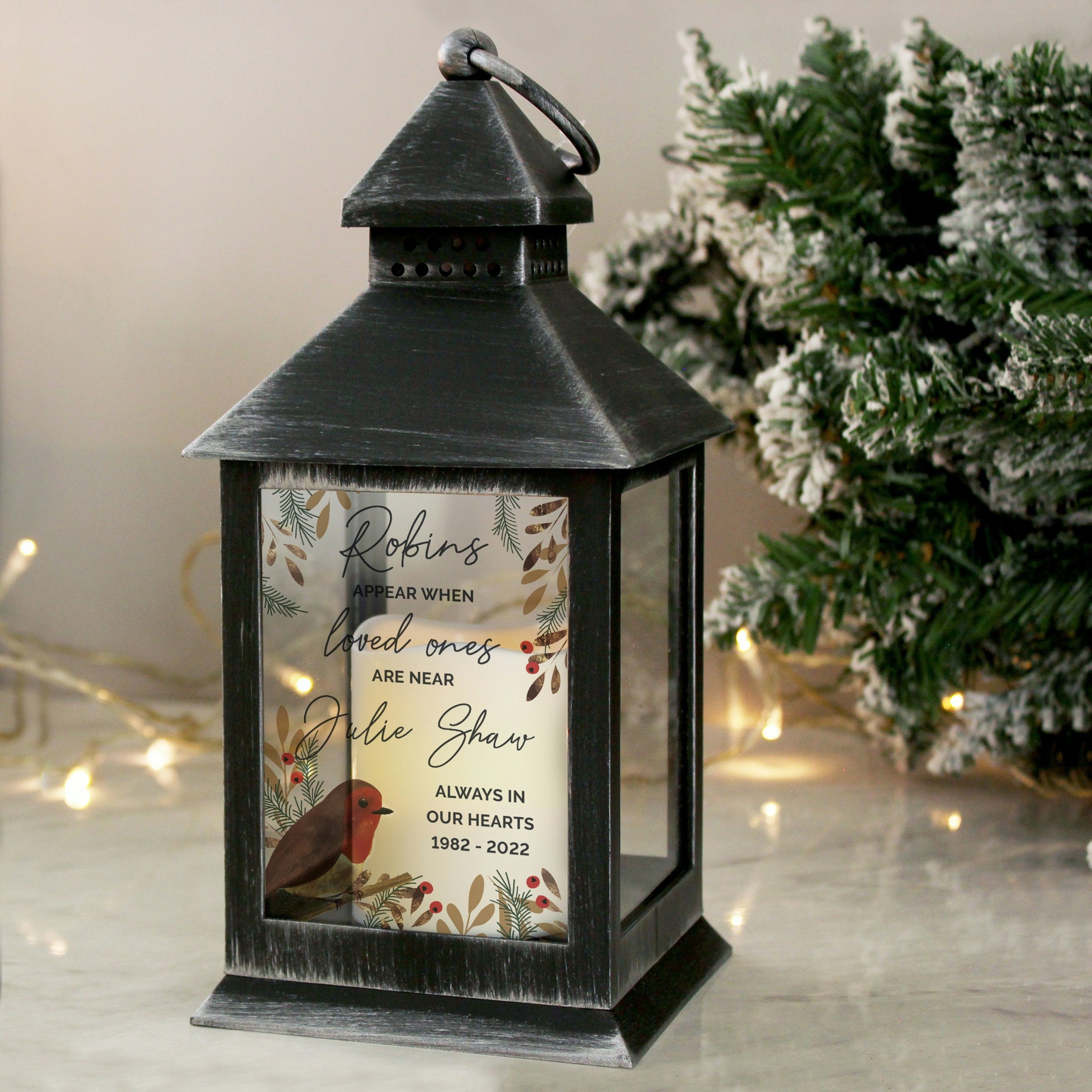 Rackhams Black Personalised Robins Memorial Led Lantern