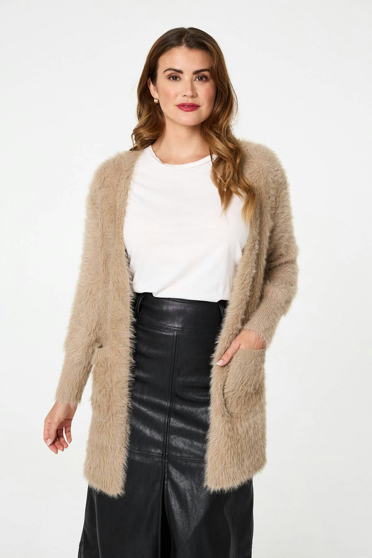 Izabel London Beige Soft Textured Longline Open Cardigan - 8/10