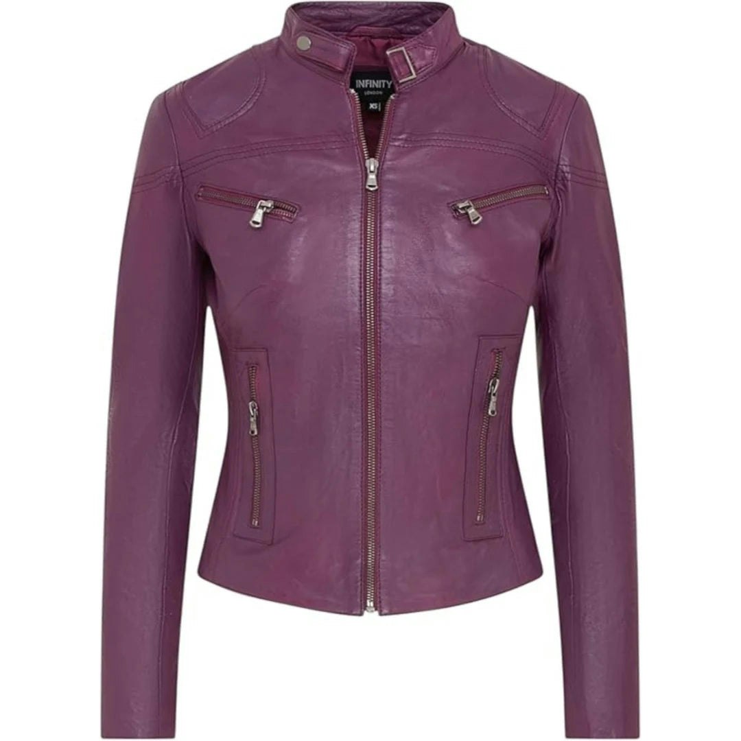 Infinity Leather Women's Leather Company Real Leather Classic Racer Style Biker Jacket - Plum - Uk 22