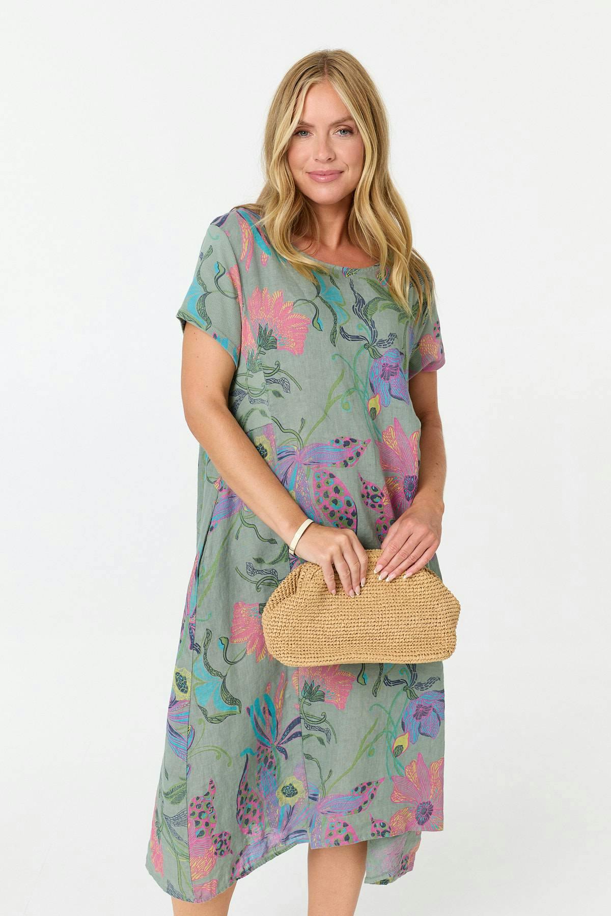 Izabel London Floral Oversized Short Sleeve Midi Dress - 14 - Sage