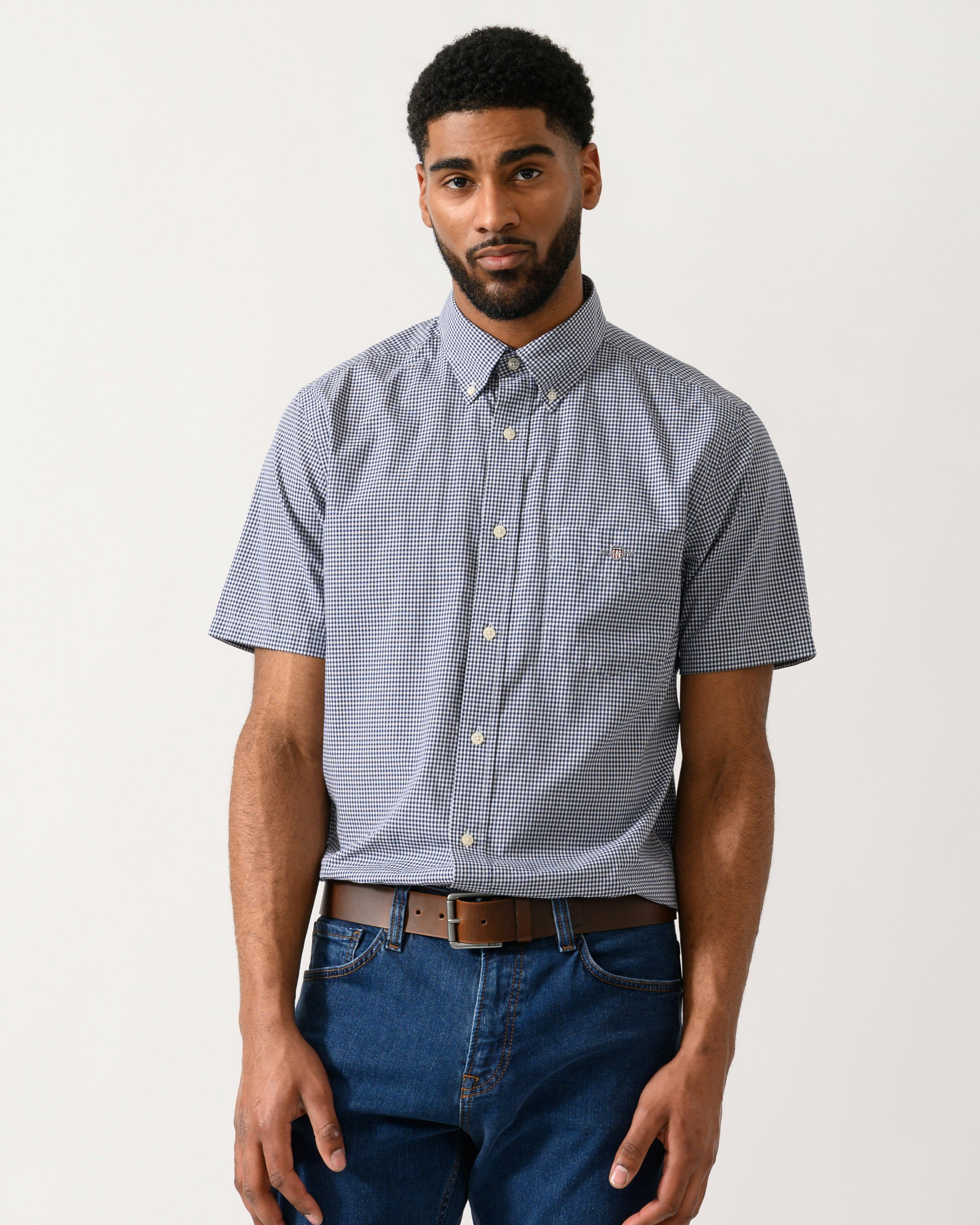 Gant Men's Blue Regular Fit Classic Poplin Gingham Short Sleeve Shirt - 423 Persian - 423 Persian - L
