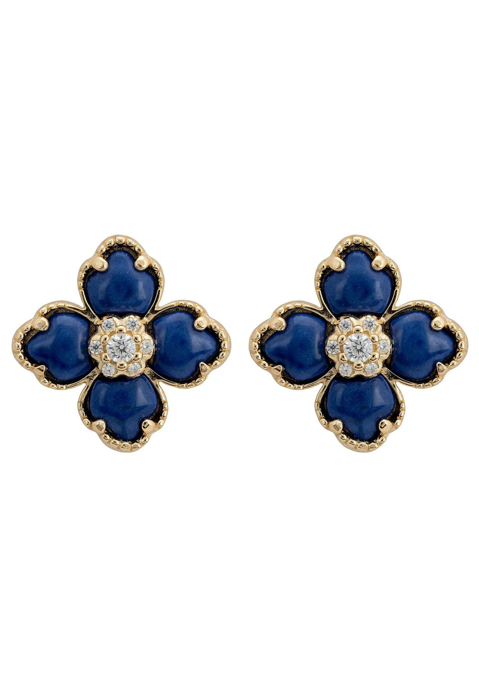 Latelita Gold Flower Clover Lapis Lazuli Stud Earrings