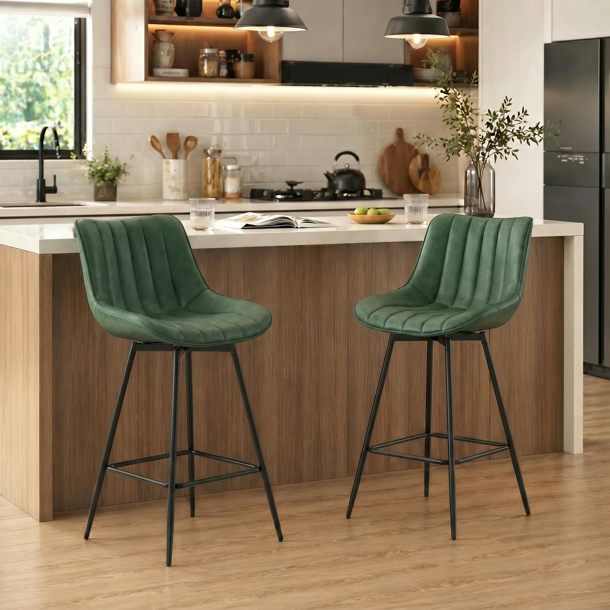 Homcom Dark/Green Swivel Bar Stools Set Of 2, Pu Leather Upholstery,