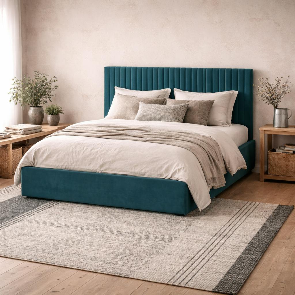 Rackhams Blue Dublin Teal 4Ft6 Double Ottoman Bed With Ribbed Headboard