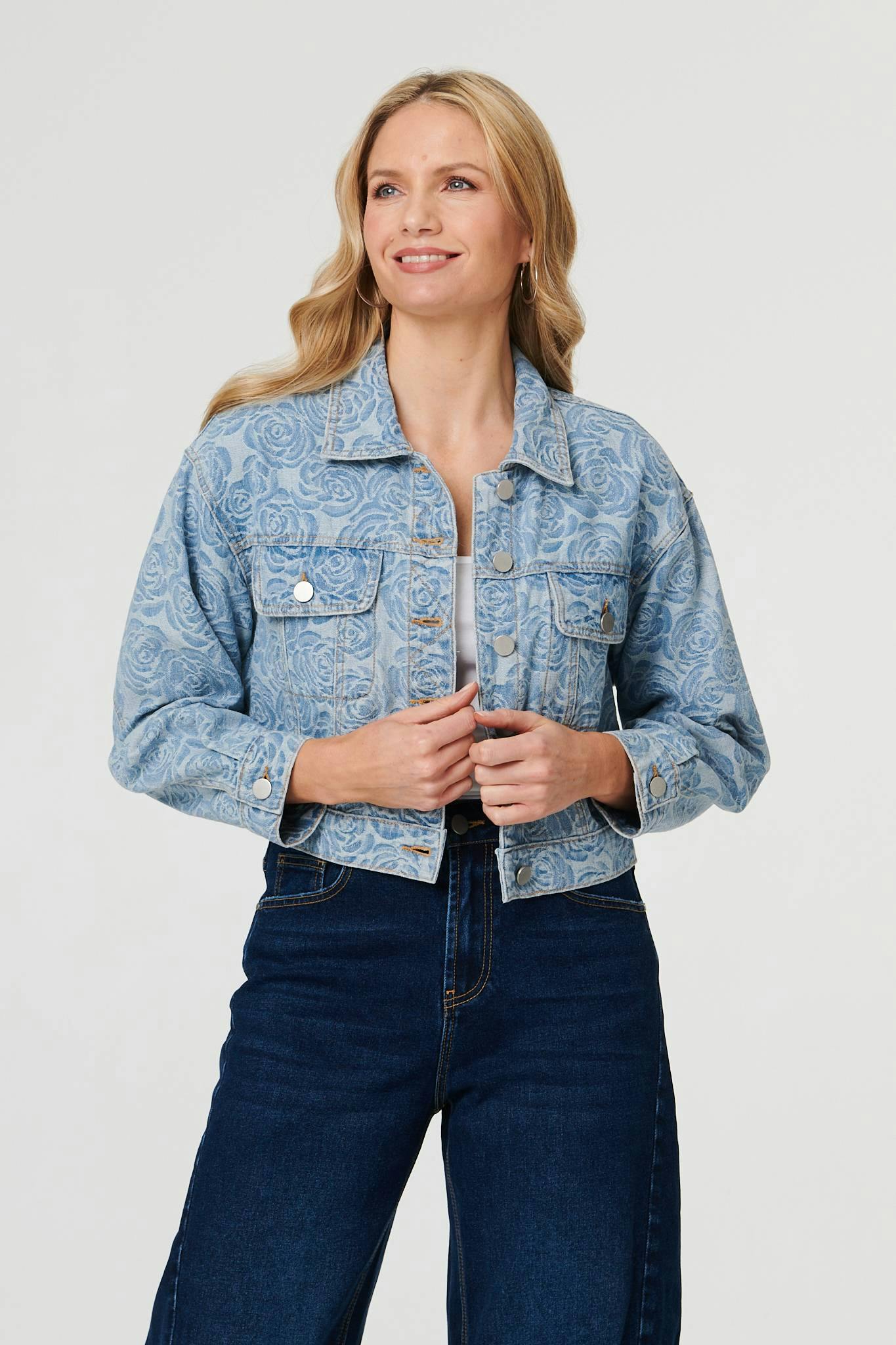 Izabel London Blue Floral Print Cropped Denim Jacket - 8