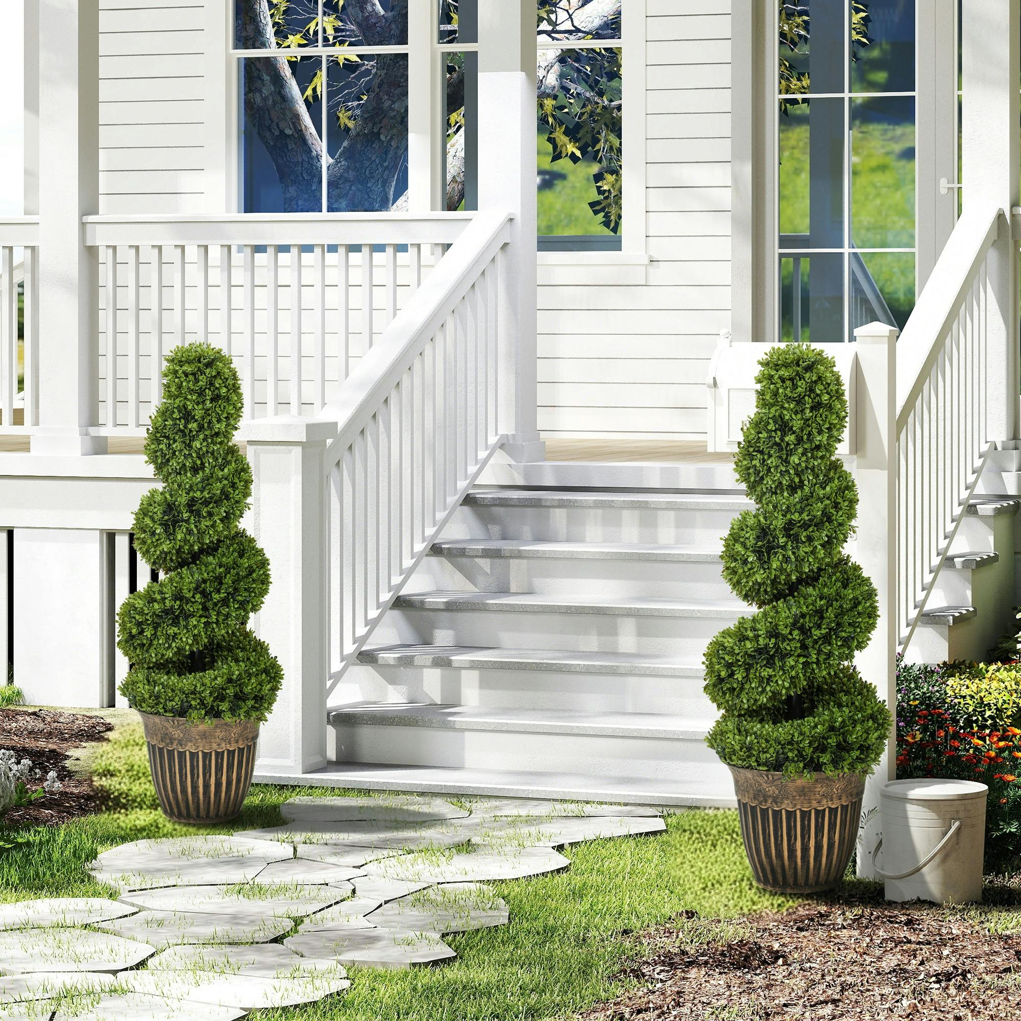 Homcom Set Of 2 Potted Artificial Plants, Topiary Spiral Boxwood Trees, 90Cm - 30Cm X 30Cm X 90Cm - 2 - Pe, Steel