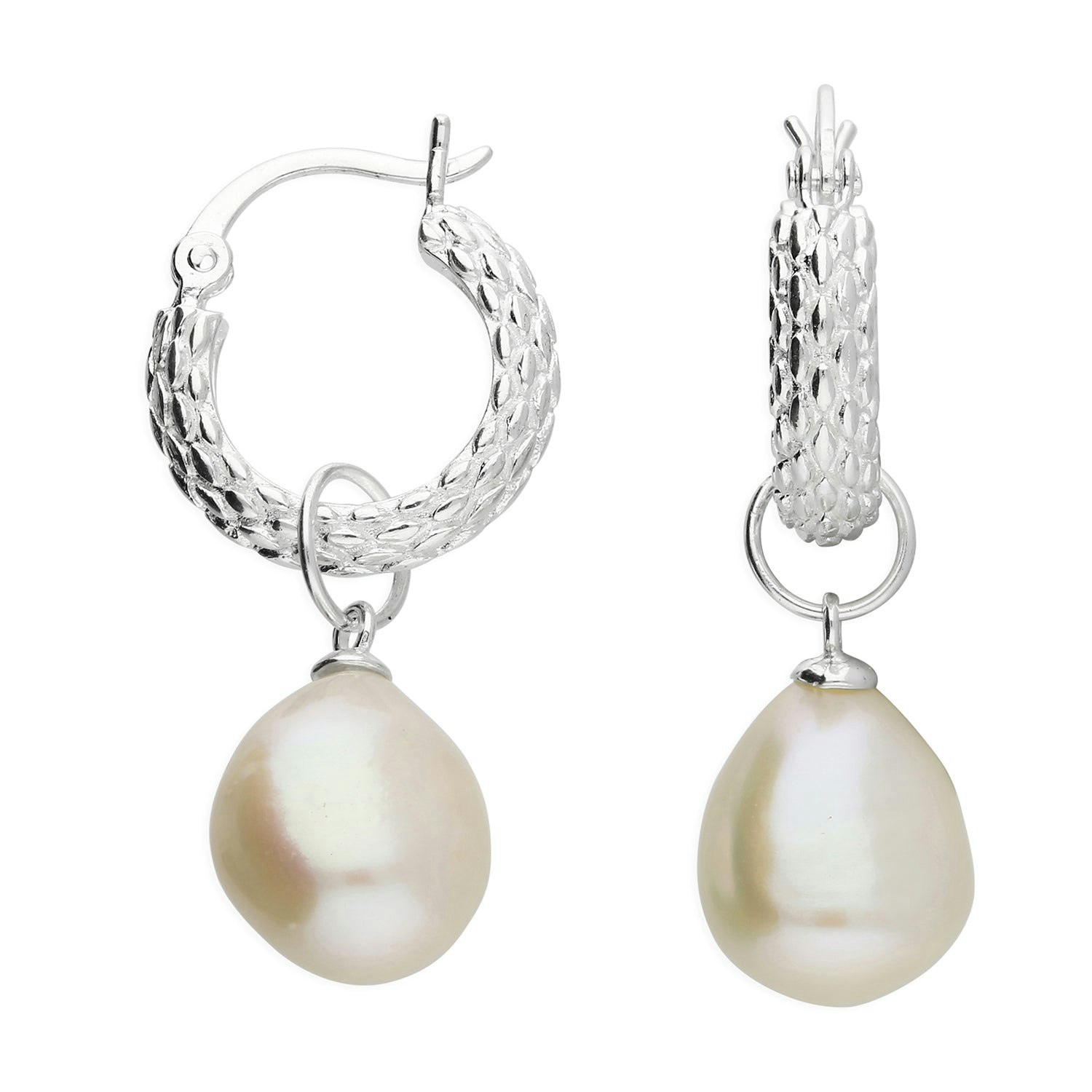 Harfi Silver Elegant Sterling Basket Weave Hoop Earrings With Freshwater Pearl Charm