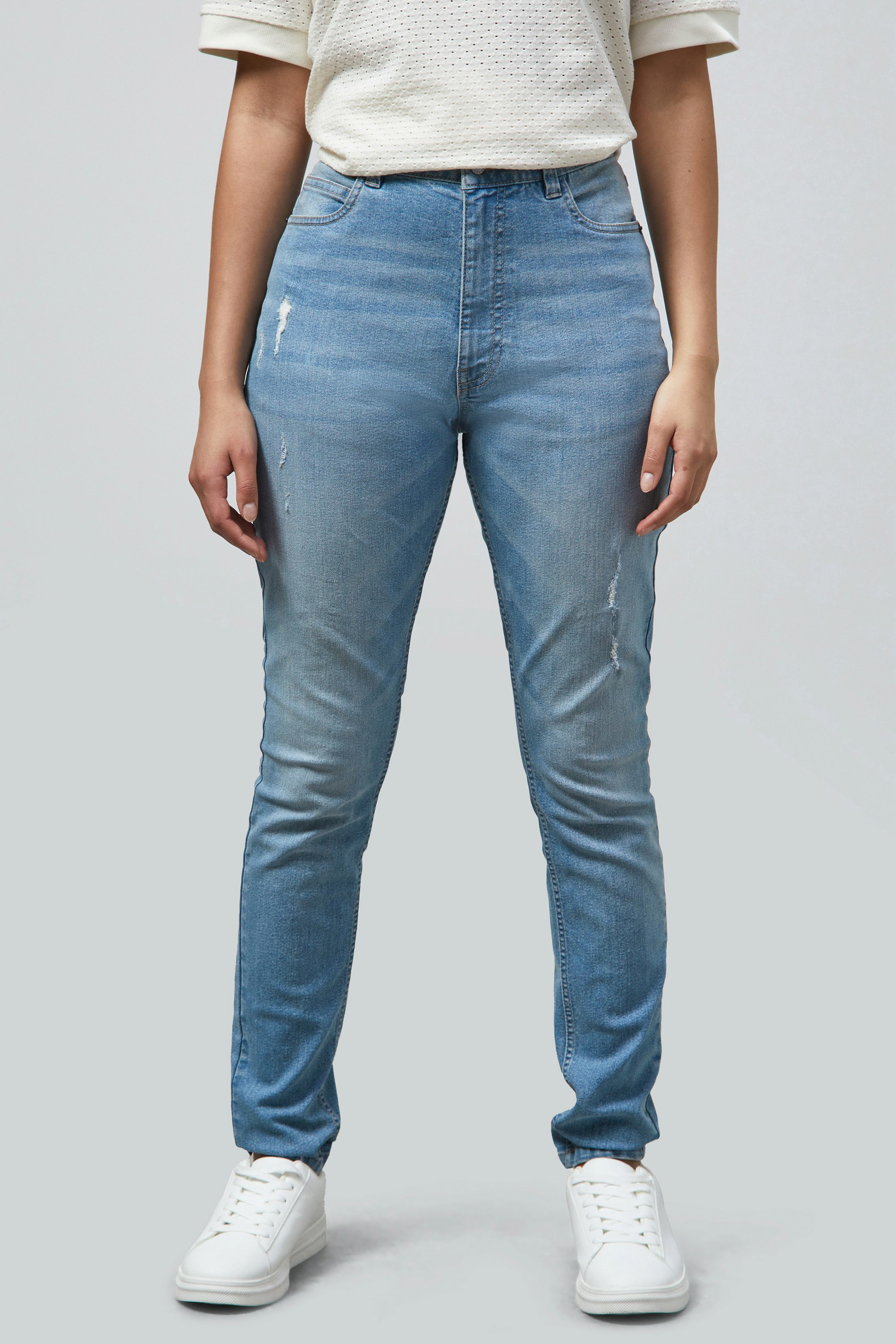 Enorsia Light/Blue High Waist Regular Length Distressed Jeans - 8 - 80.3% Cotton, 18.7% Poly, 1% Spandex