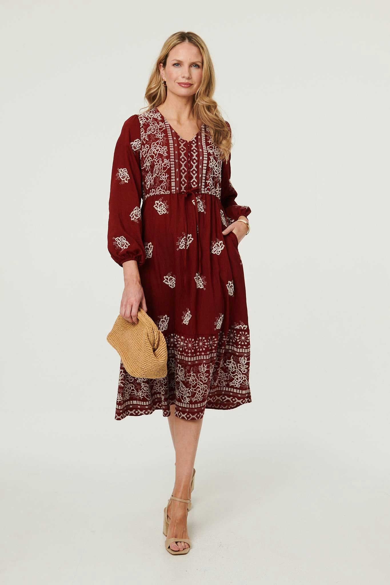 Izabel London Red Embroide Long Sleeve Midi Dress - 16