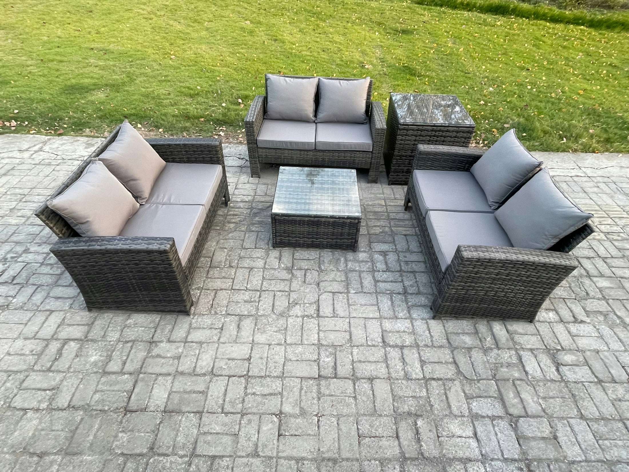 Rackhams Dark/Grey 6 Seater Rattan Wicker Garden Furniture Patio Conservatory Sofa Set With Square Coffee Table Double Seat Sofa Side Table