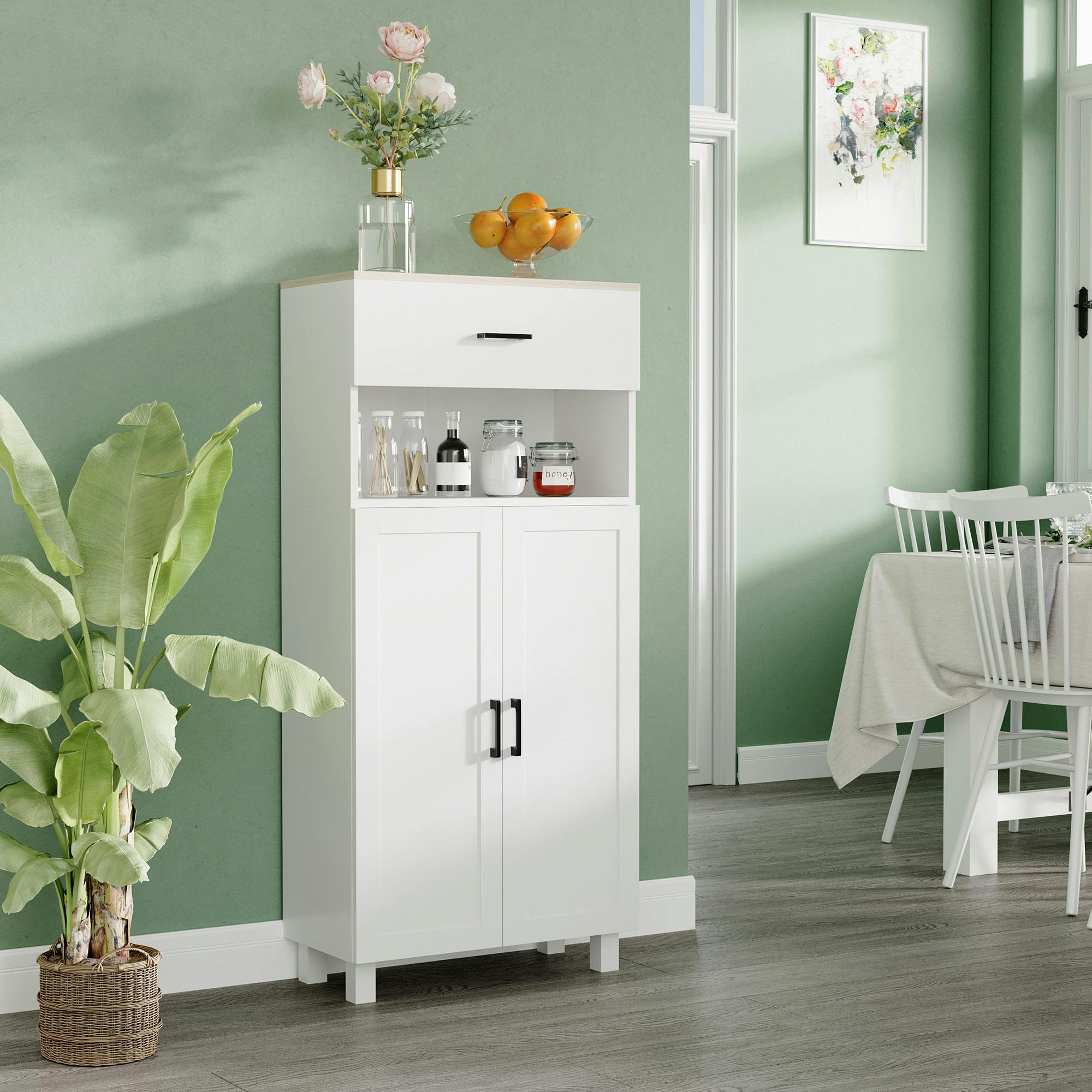 Homcom White Freestanding Kitchen Cupboard, Nordic Storage Cabinet With Drawer, Doors And Open Countertop For Living & Dining Room, 130Cm, - Image 3