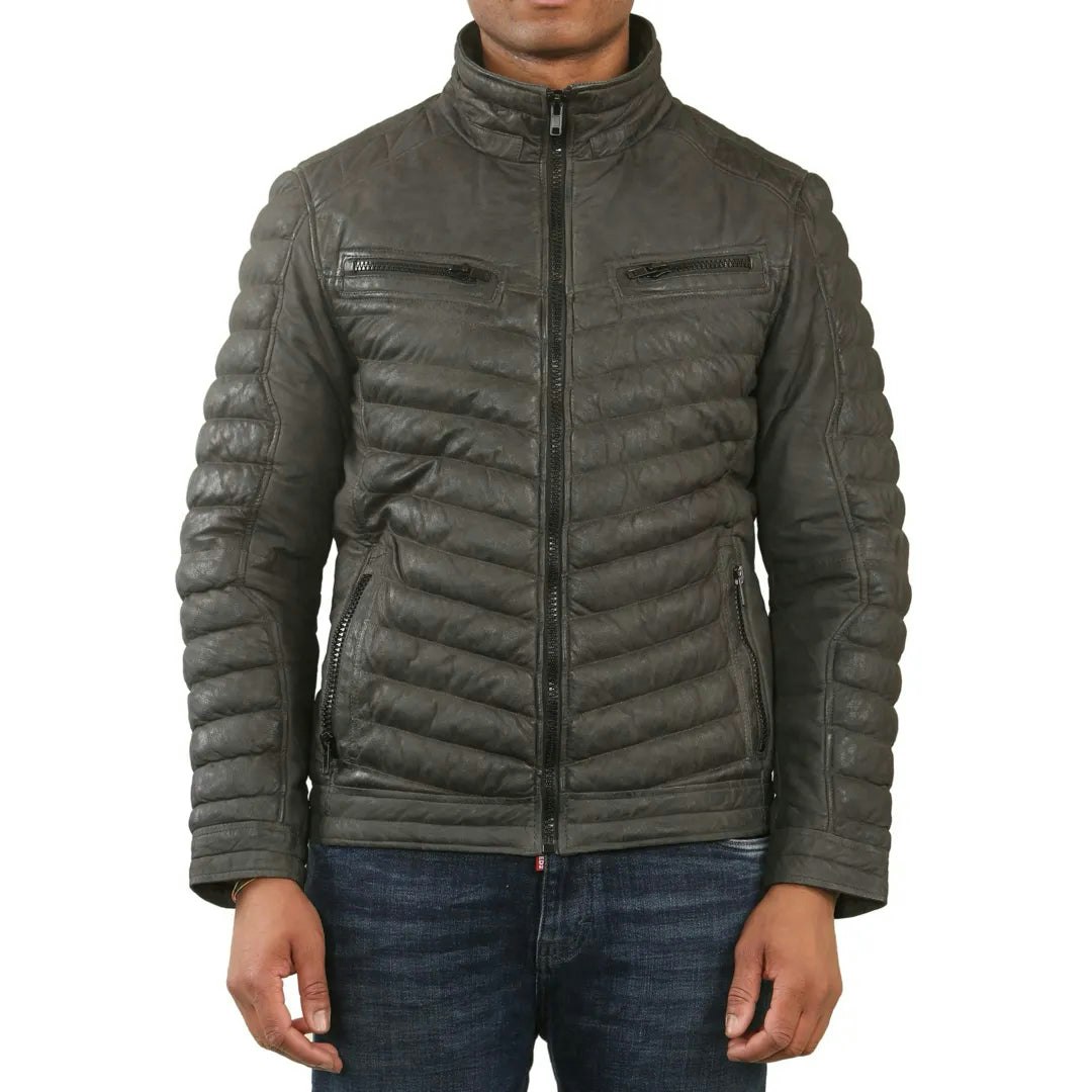 Infinity Leather Men's Quilted Puffer Soft Napa Leather Jacket - Olive - Medium