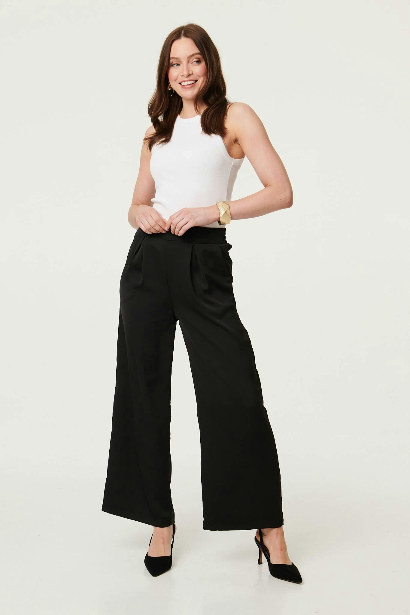 Izabel London Black High Waist Wide Leg Pleat Front Trousers - 12