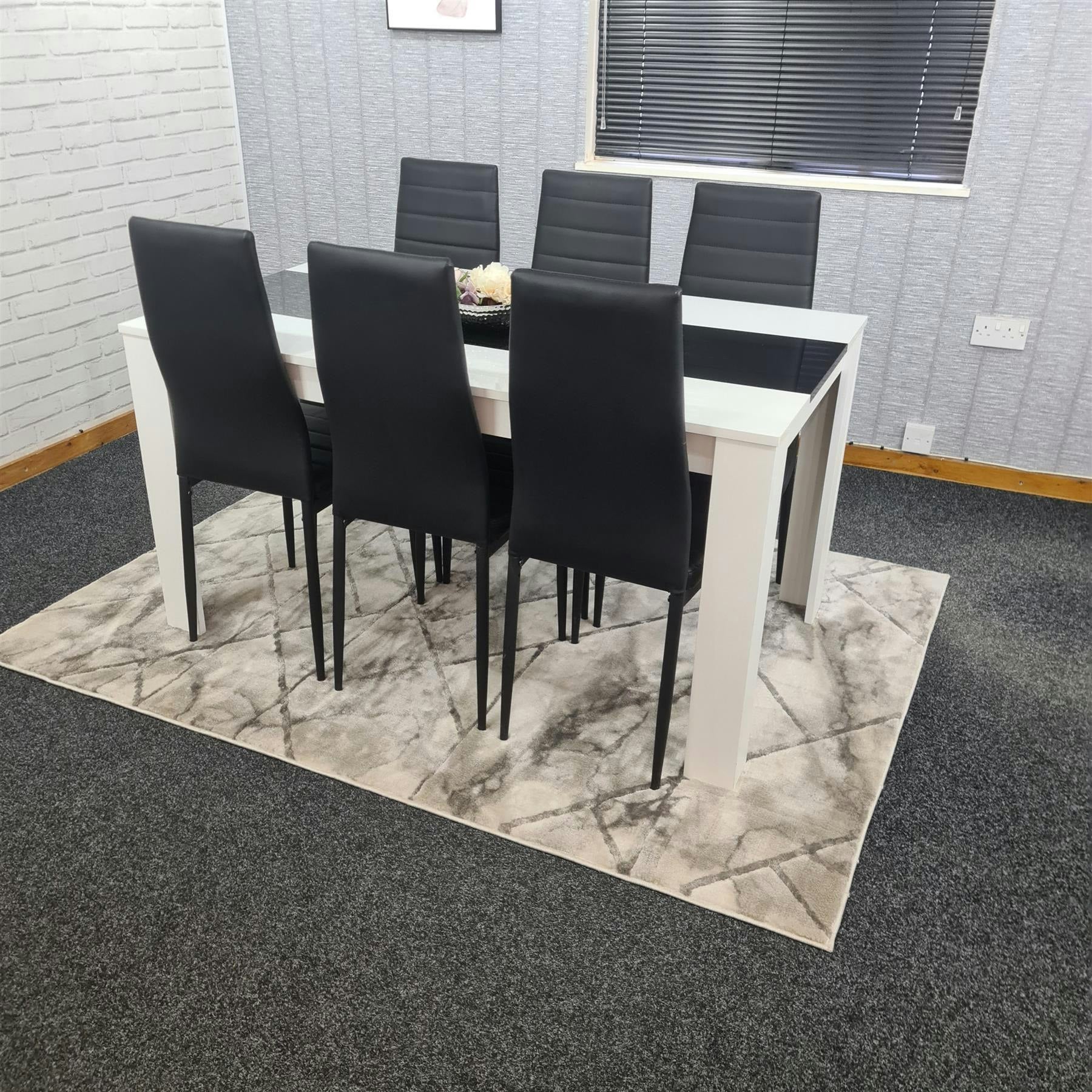 Kosy Koala White Black Wood Dining Table & 6 Black Faux Leather Chairs - 140cm - Image 2