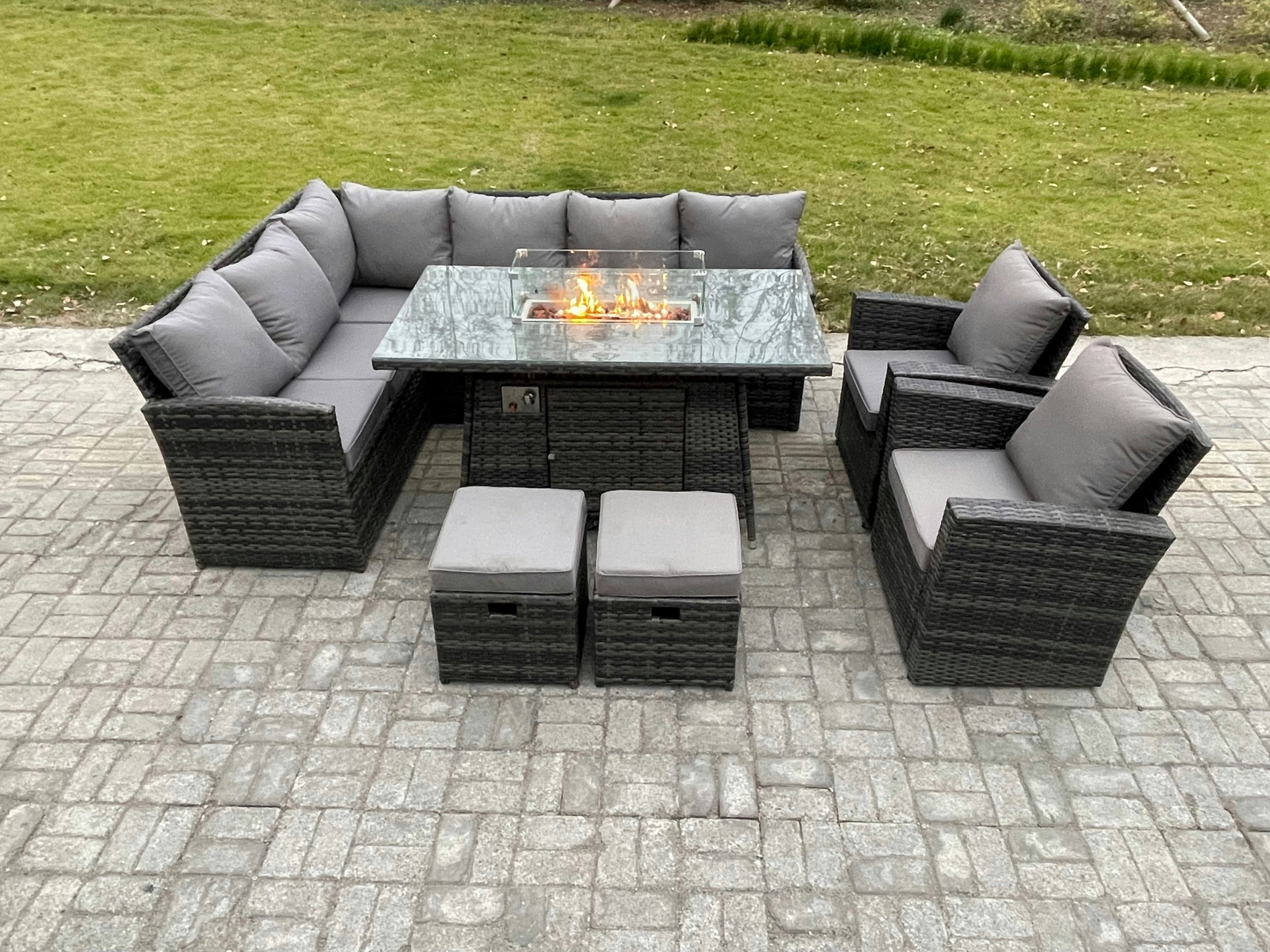 Fimous Dark/Grey 10-Seater Rattan High Back Corner Sofa Dining Set | Gas Fire Pit Table & Heater, Armchair, 2 Footstools |