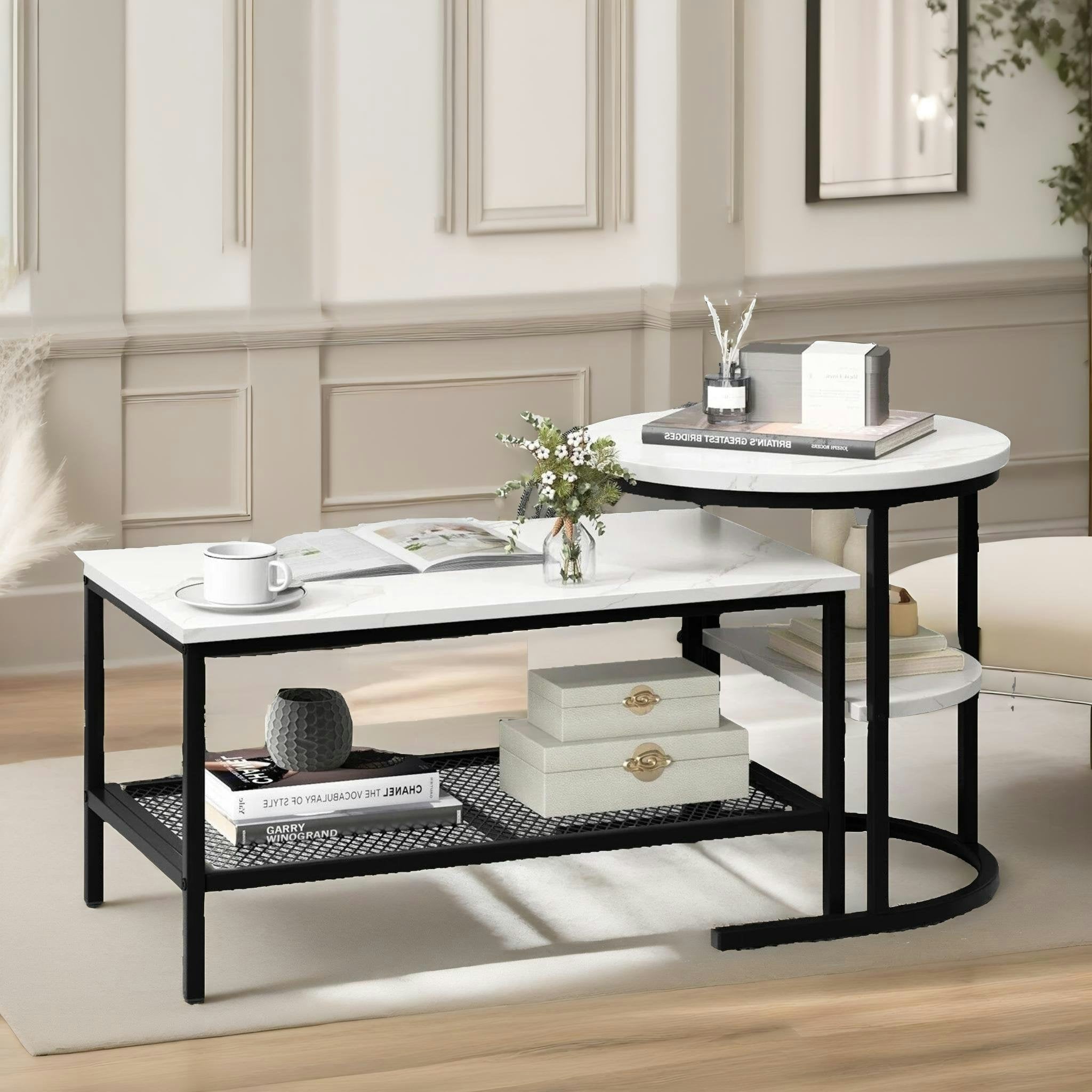 Rafaelo Mobilia Black Set Of 2 Faux Marble Nesting Tables
