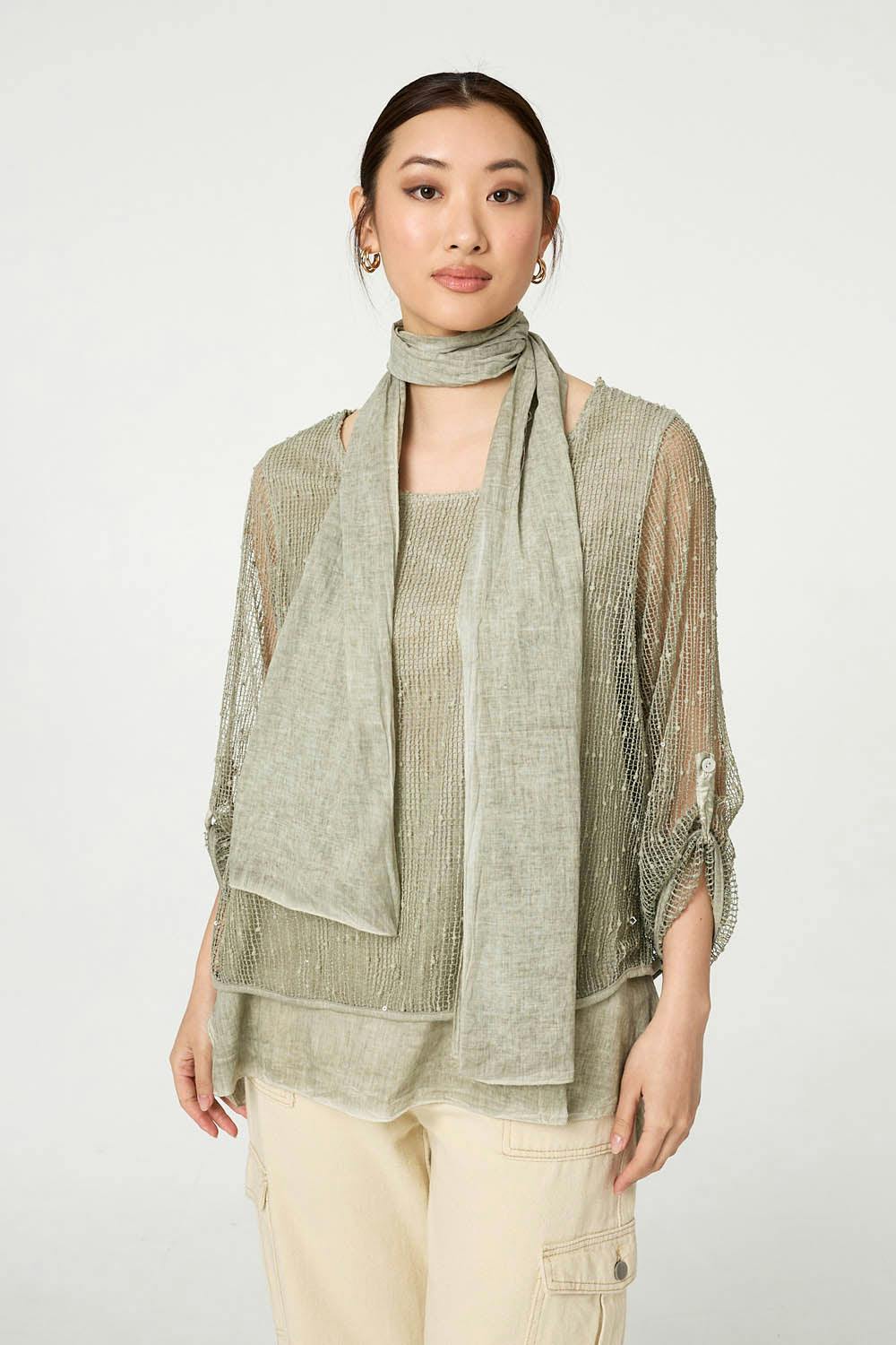 Izabel London Light Sparkly Mesh Scarf Detail Layered Top - 12 - Khaki