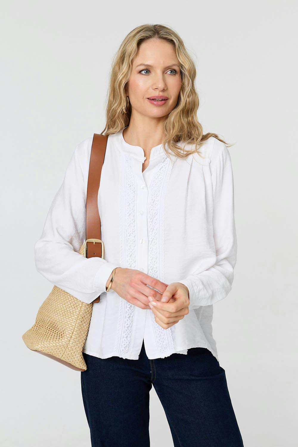 Izabel London White Lace Trim Long Sleeve Relaxed Blouse - L