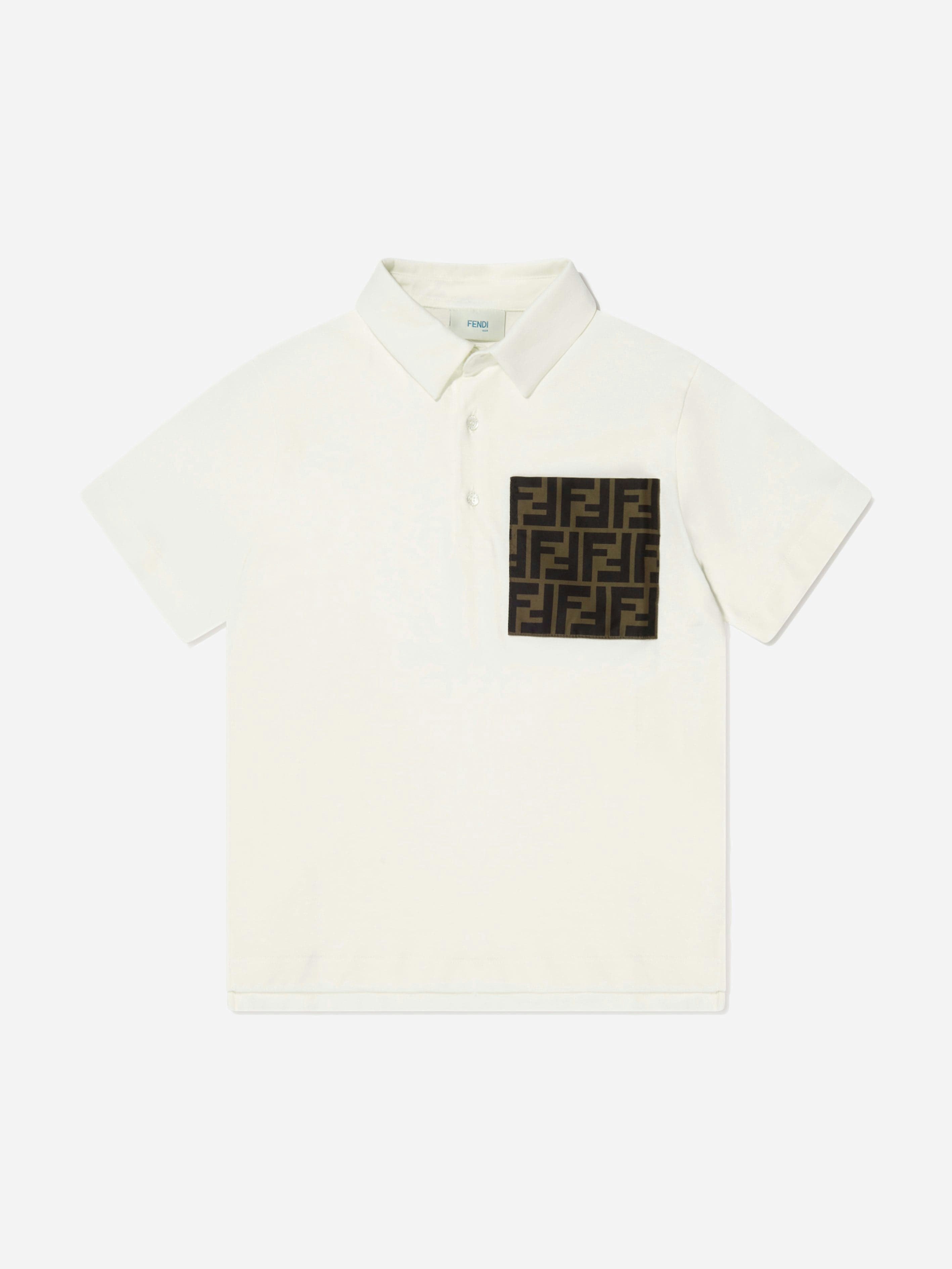 Fendi Kids Boys Ivory/White Fendi Logo Pocket Polo Shirt In - 10 Yrs